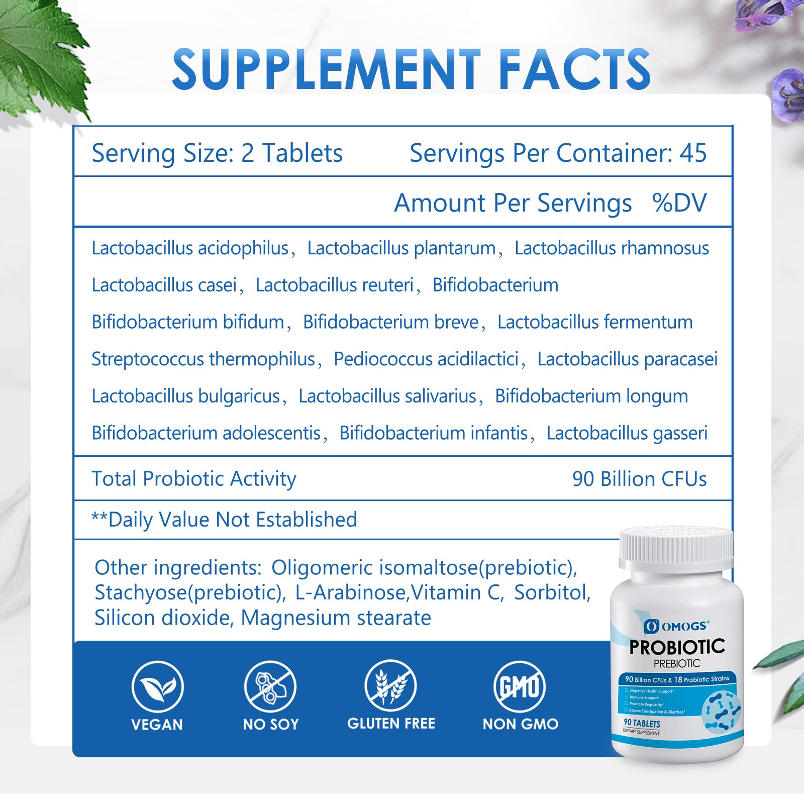 OMOGS Probiotics 90 Billion CFUs 18 Strains, with 3 Organic Prebiotics & Vitamin C, Nutritional Supplement for Women, Men & Kids, Support Metabolism