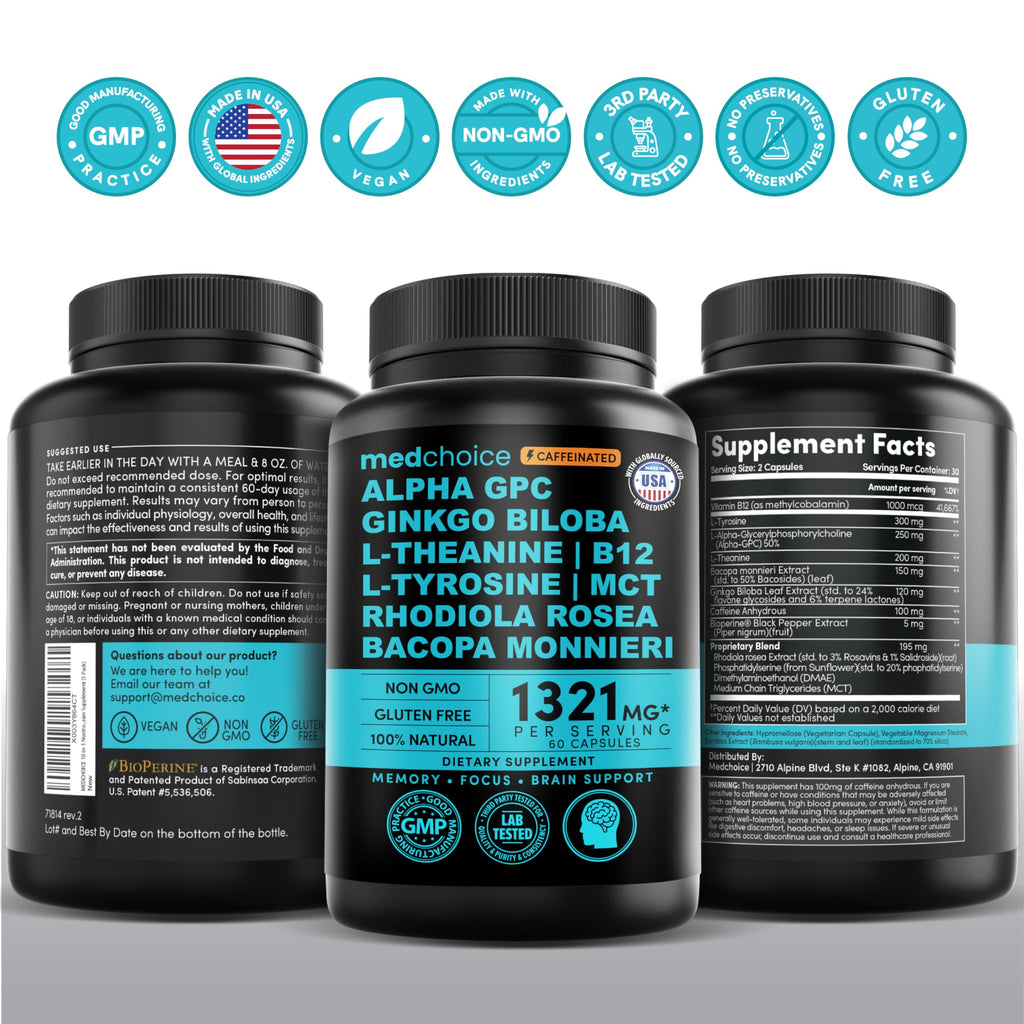 12-in-1 Nootropic Brain Supplement with Caffeine Anhydrous: Ginkgo Biloba for Brain Support, Memory and Focus - B12, Alpha GPC, L Theanine and Choline Supplements with Bioperine with 1321mg (60ct) MEDCHOICE Au supplements
