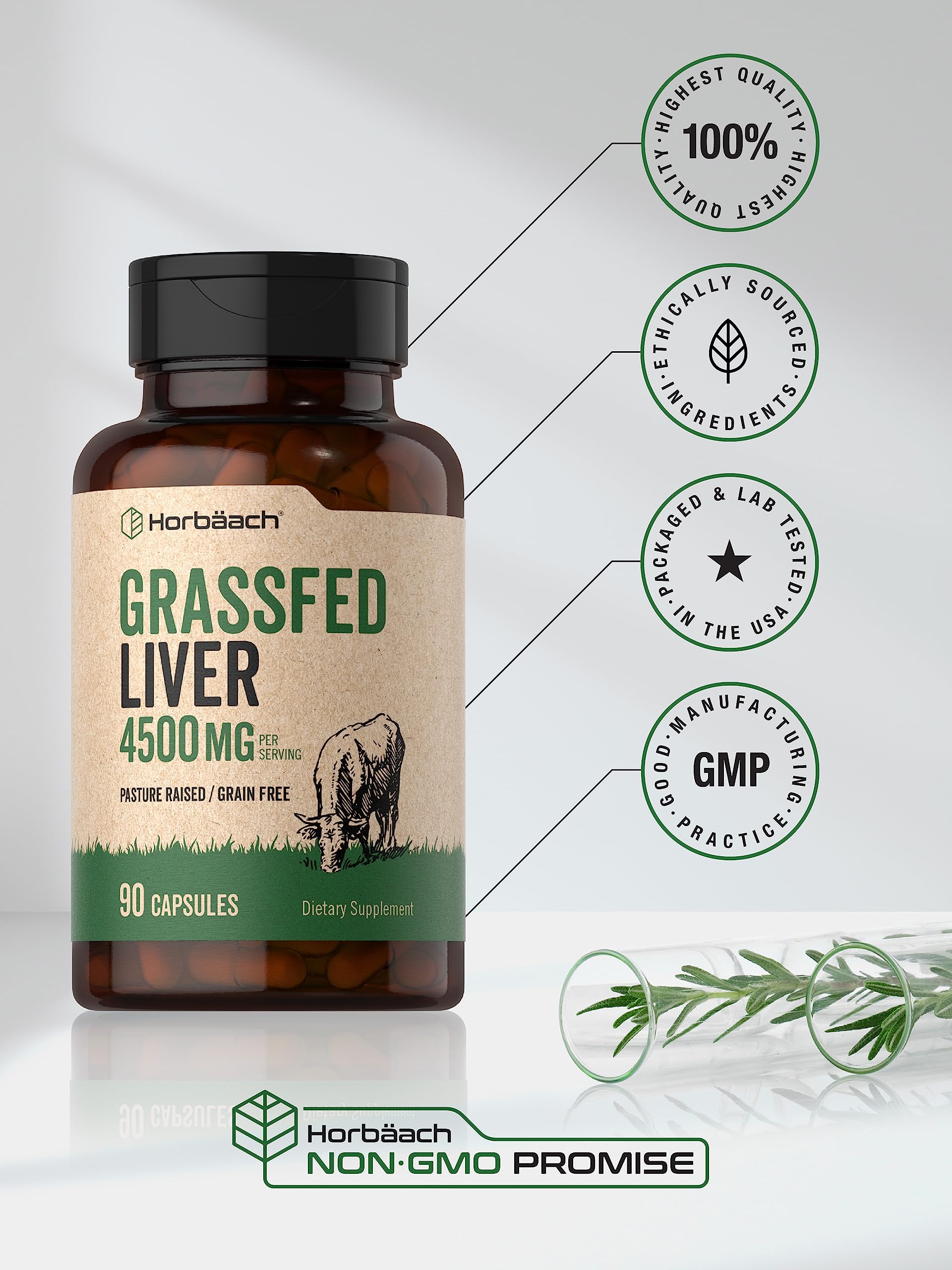 Horbäach Grass Fed Beef Liver | 4500mg | 90 Capsules | Desiccated, Pasture Raised, Grain Free, Non-GMO Supplement