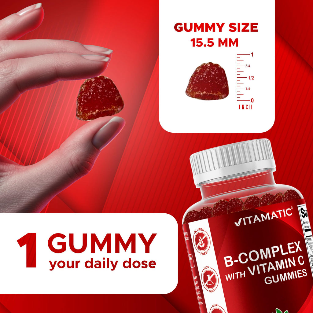 Vitamatic Vitamin B Complex Gummies with Vitamin C & Inositol - Natural Strawberry Flavor - 60 Gummies (1 Bottle)
