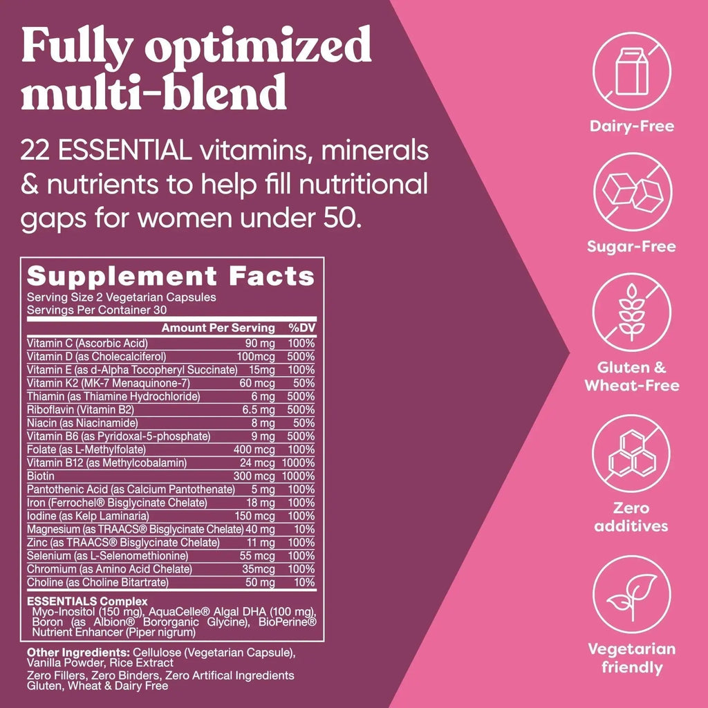 Next Gen Multivitamin for Women – 22 Optimized Vitamins for Immunity, Beauty, Brain, Energy, Bones and Heart – Vitamin C, D, E, K, Iron, B6 and DHA Eu Natural Au supplements