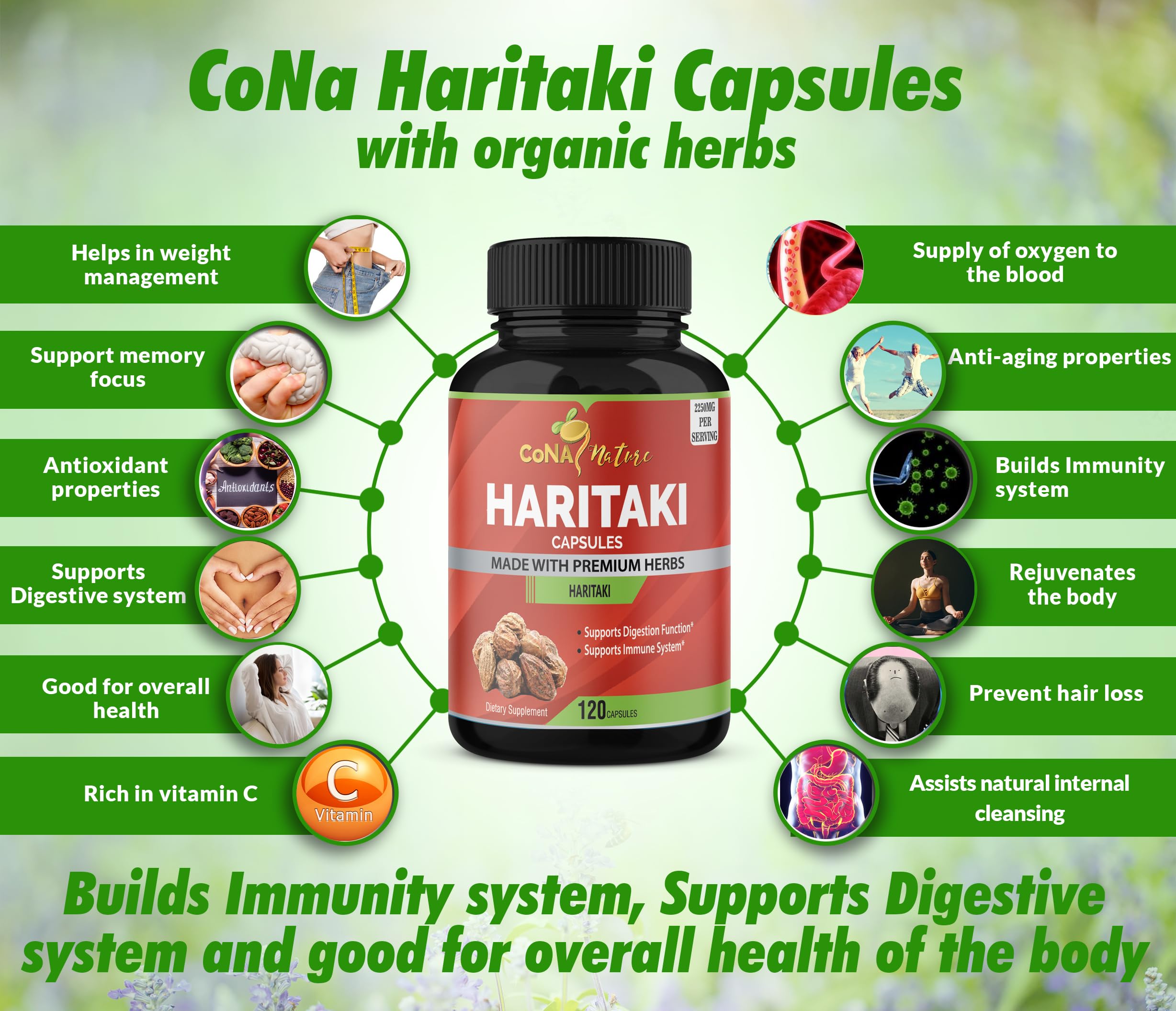 Cona Nature Organic India Haritaki Capsules 2250MG, Rejuvenation, Improving Digestion, Maintains Regularity | Non-GMO Vegan Gluten-Free Herbs and Supplements, 120 Caps