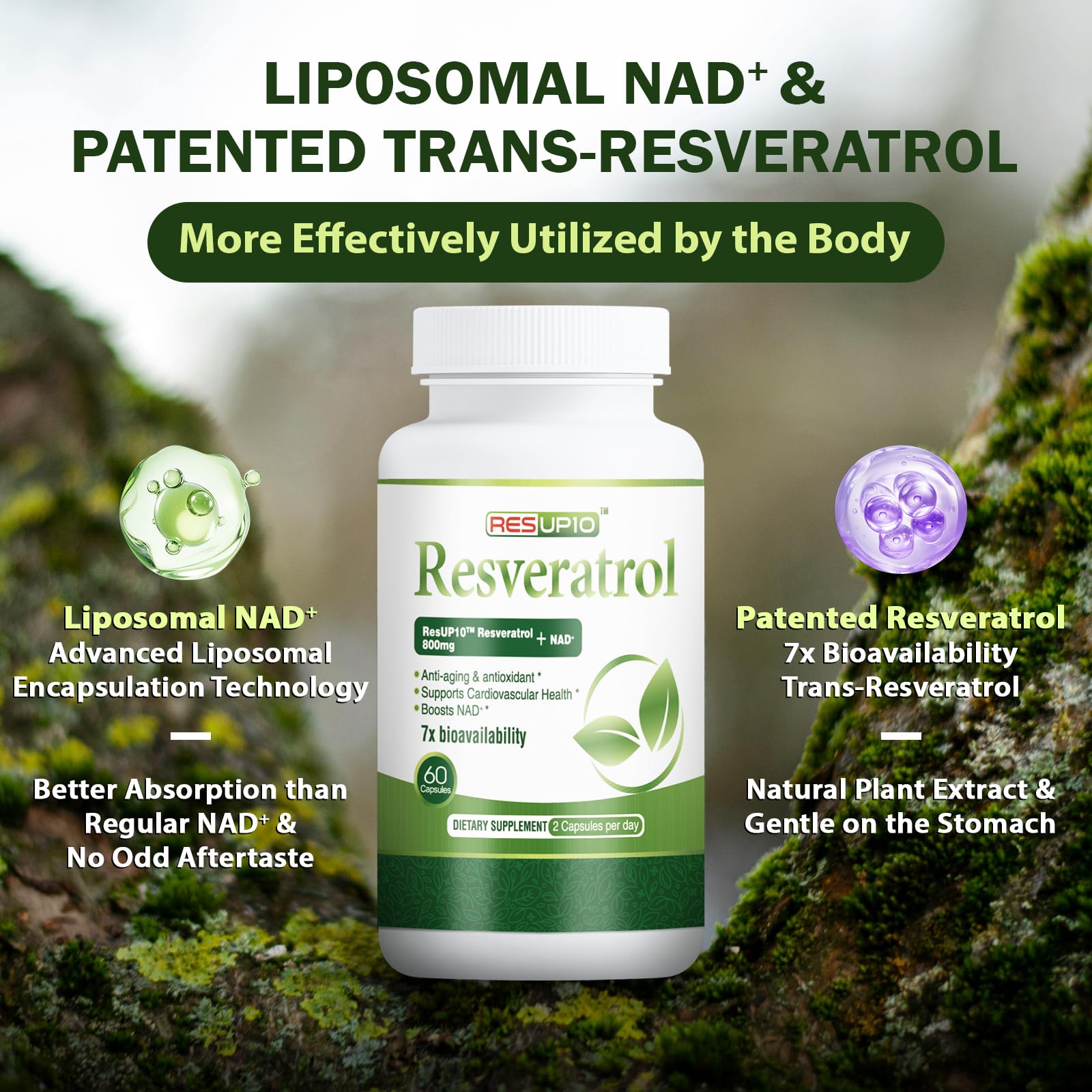 PureBotan Liposomal NAD+ Resveratrol Supplement 1300mg, High Bioavailable Trans Resveratrol ResUP10, with Extra Strength NAD Plus, Support Aging, Cardiovascular Health and Cellular Energy, 60 Capsules PureBotan Au supplements