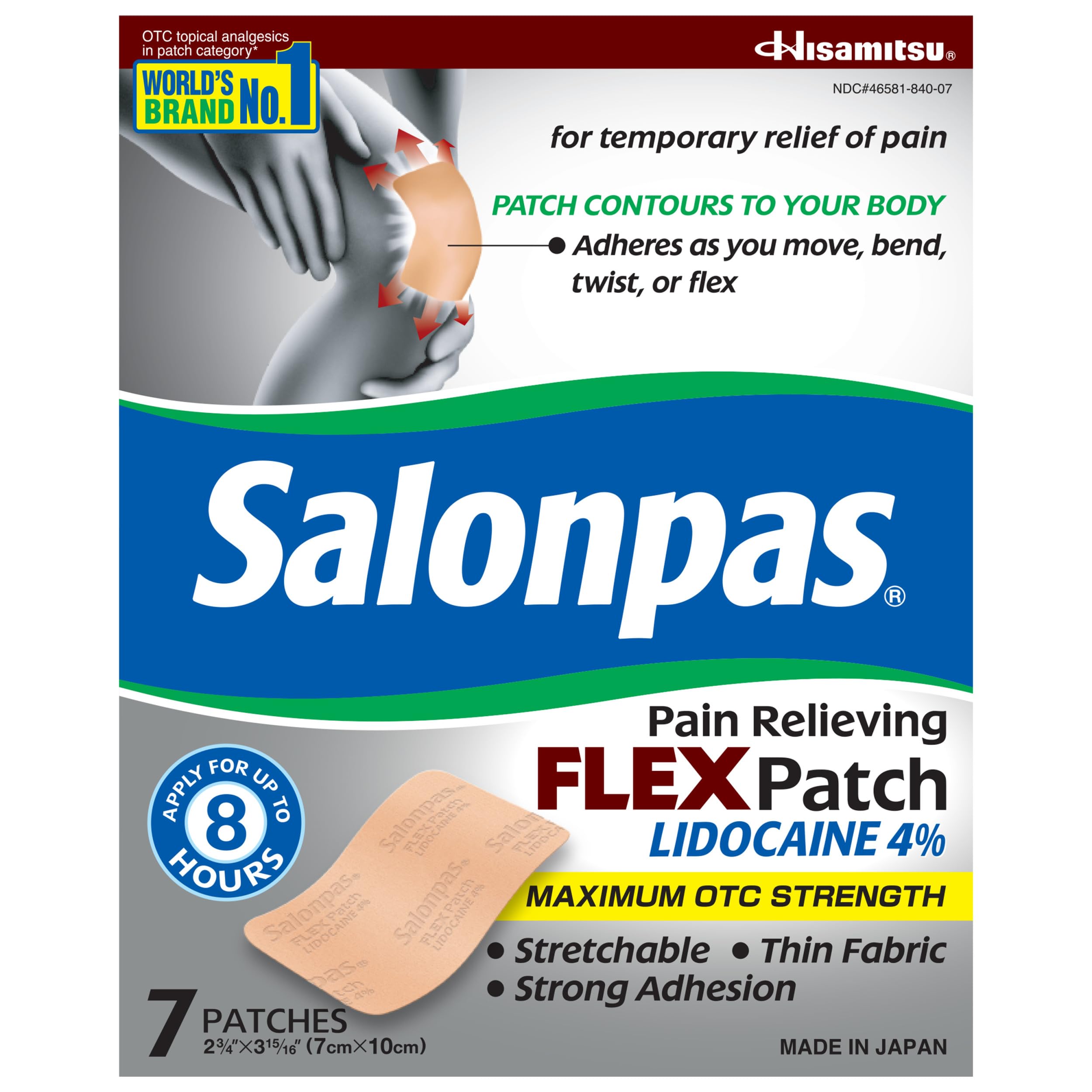 Salonpas Maximum OTC Strength Lidocaine 4% Pain Relieving Flex Patch, Apply for Up to 8 Hours, Unscented, Thin, Flexible, Lightweight, Patch Stays in Place, 7 Patches Salonpas Au supplements