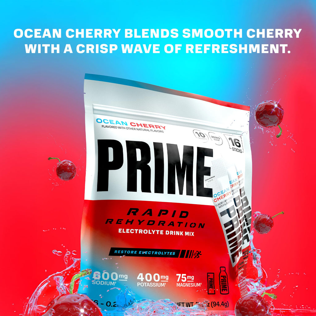 Prime Rapid Rehydration Electrolyte Powder Sticks, Ocean Cherry, Sugar Free Hydration Drink Mix with Sodium, Potassium, Magnesium & B Vitamins