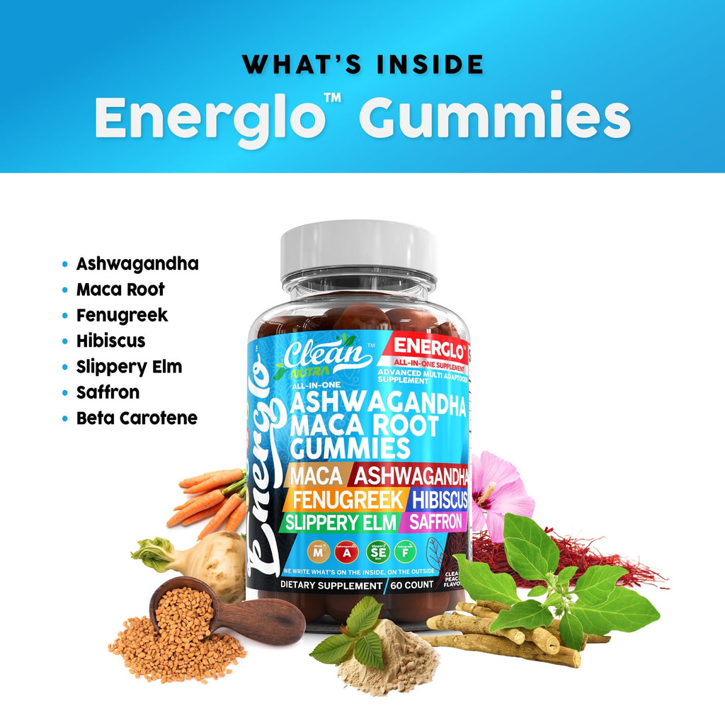 Ashwagandha Maca Root Gummies with Fenugreek Hibiscus Slippery Elm Saffron Extract & Beta Carotene | Peach Flavor Vegan Gummy Vitamins Adaptogen Cortisol Supplement Energlo by Clean Nutra Clean Nutraceuticals Au supplements
