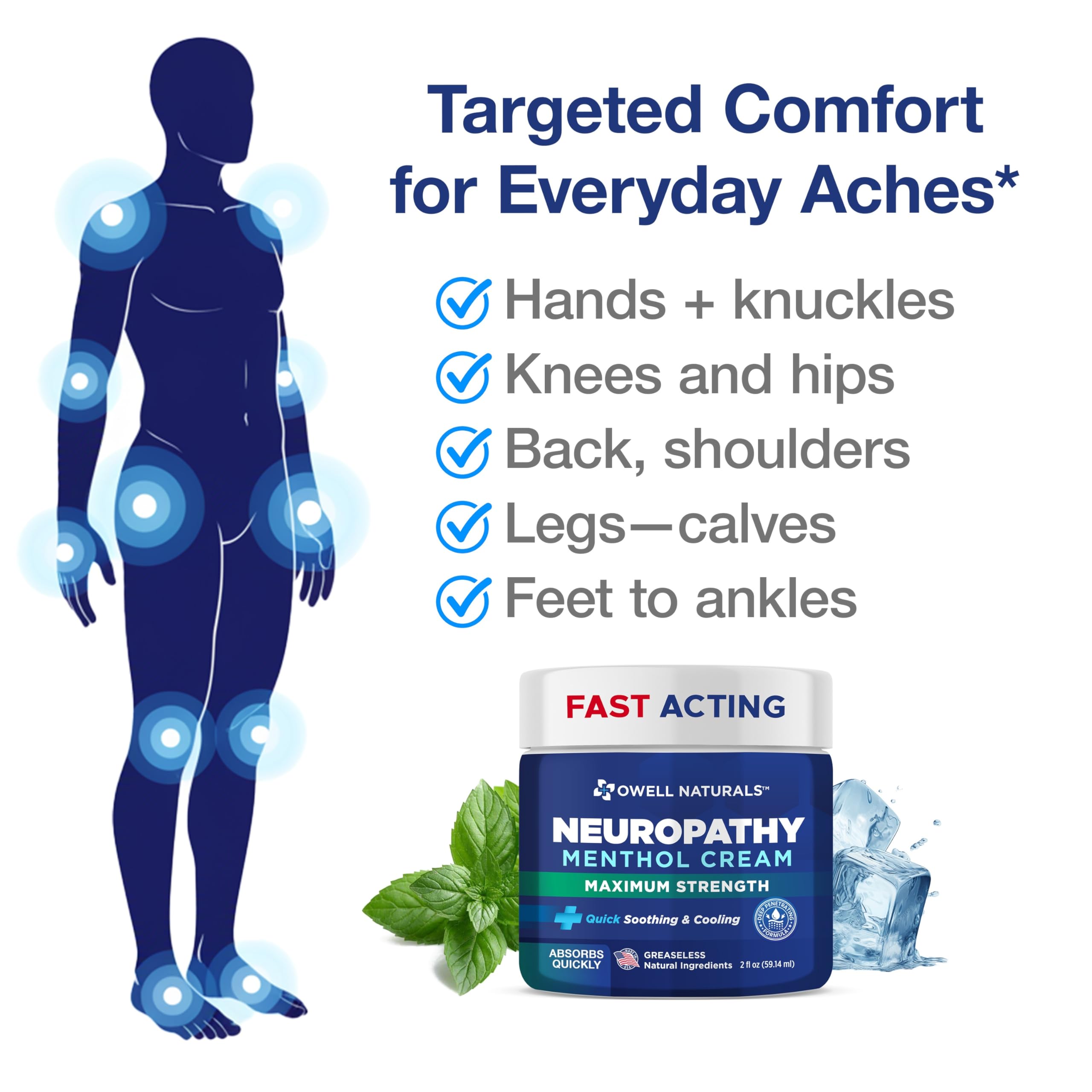 Owell Naturals Neuropathy Cream Extra Strength – Fast Absorbing Cooling for Leg, Feet & Hands – Advanced Soothing Formula with Aloe Vera, Arnica, MSM & Vitamin B6 – Made in USA, 2 fl oz Owell Naturals Au supplements