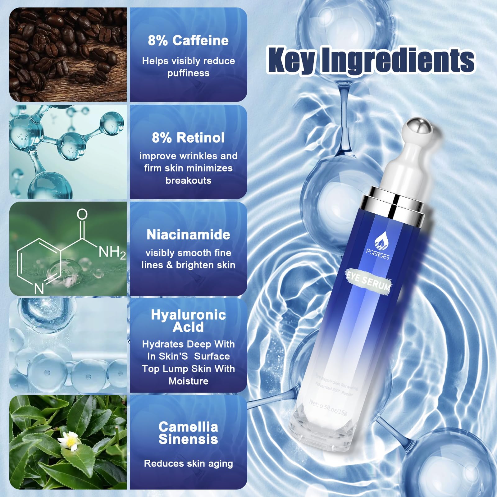 Eye Serum with 8% Caffeine 8% Retinol Hyaluronic Acid Niacinamide peptides for Puffy Bags Fine Lines Dark Circles Wrinkles