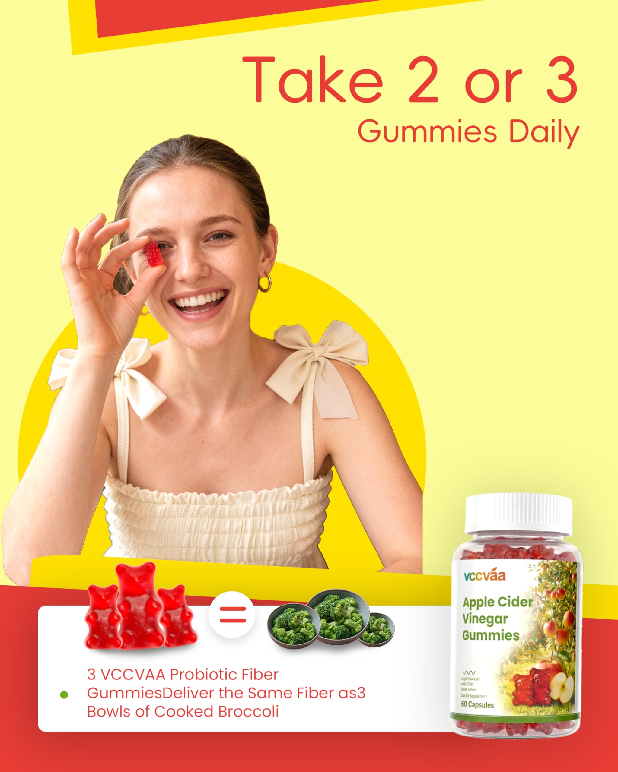 Vccvaa Fiber Gummies, Fiber Supplement with 5 Billion CFU Probiotics for Women, Prebiotic Gummies with Inulin, Soluble Fiber, ACV & Vitamin