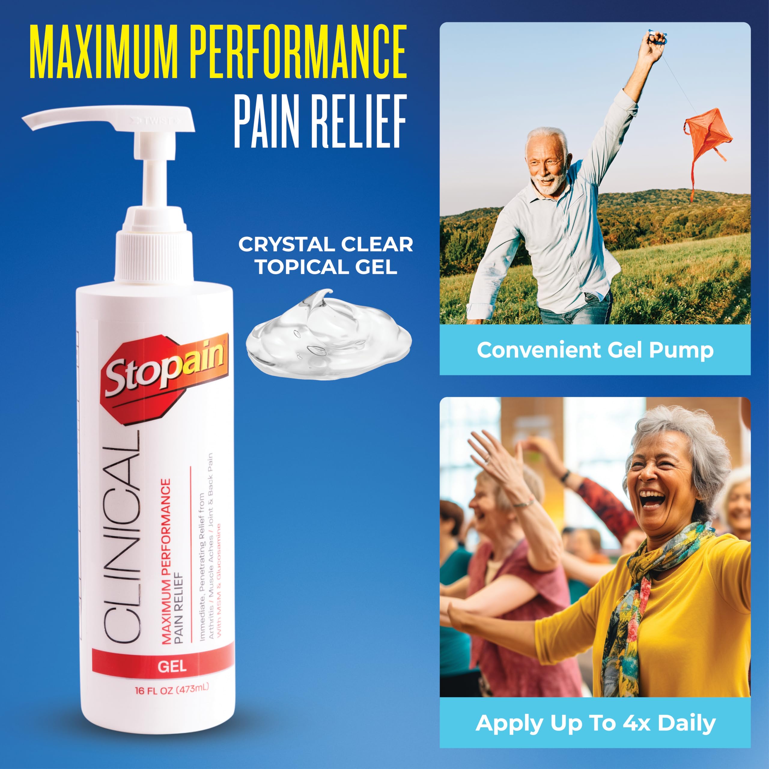 Stopain Clinical Pain Relief Gel 16 oz - Professional Formula for Arthritis, Knee, Back & Muscle Pain - Maximum Strength Gel for Joint & Nerve Pains with 10% Menthol Plus Glucosamine - Made in USA Stopain Au supplements