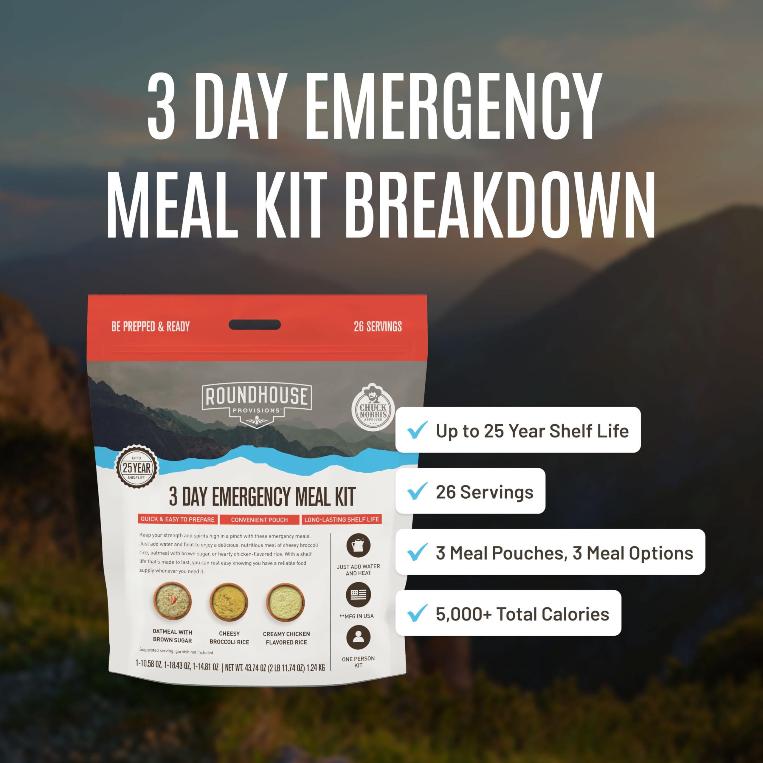 by Chuck Norris Roundhouse Provisions 3 Day, 26 servings Emergency Meal Kit, Grab-and-Go, Premade, Disaster Prep, Hiking, Survival, Adventure, Camping Food, 25 Year Shelf Life. ROUNDHOUSE PROVISION Au supplements