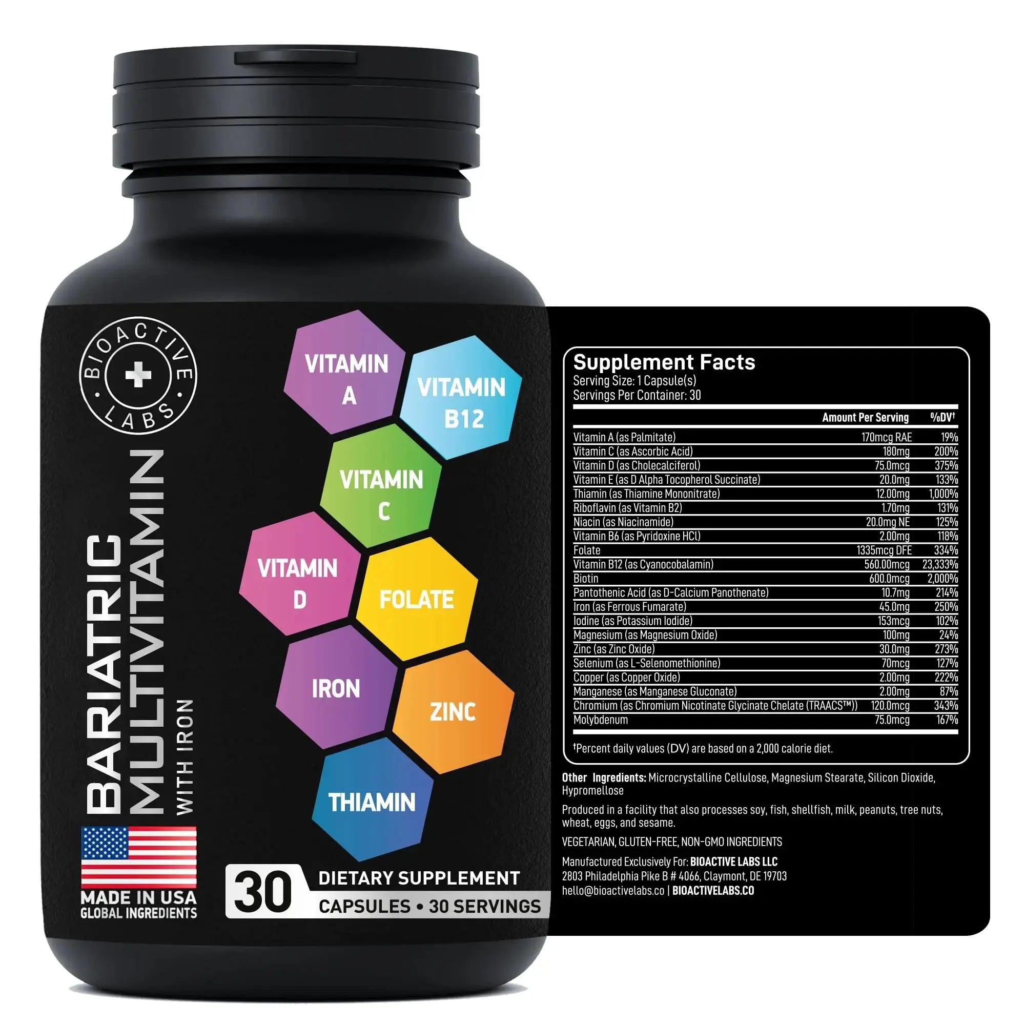 Bariatric Multivitamin with Iron 45mg for Women & Men - 21-in-1 Essential Post Gastric Bypass and Gastric Sleeve Vitamins A,C,D,E, B Complex BIOACTIVE LABS Au supplements