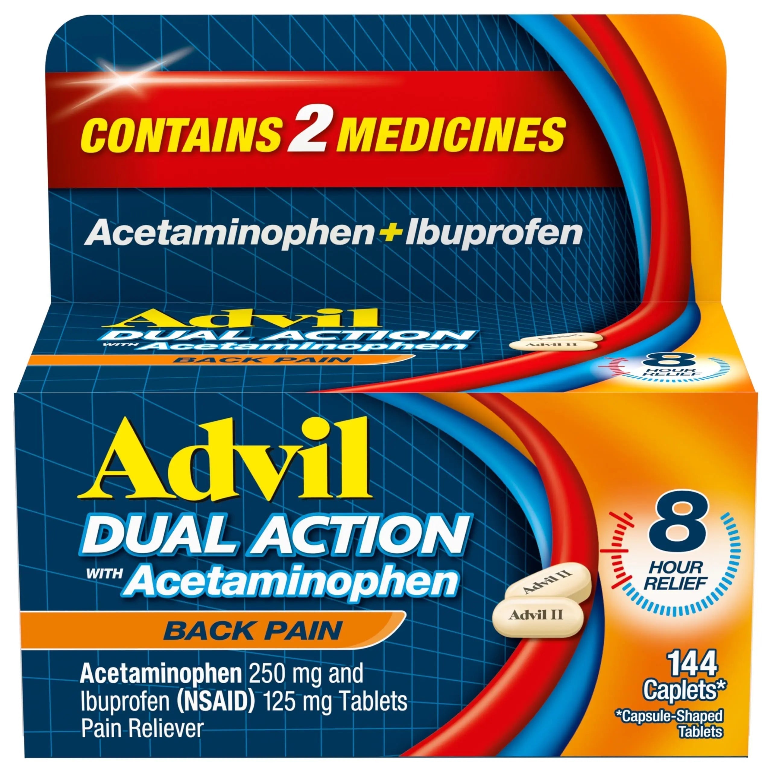 Advil Dual Action Back Pain Caplets Delivers 125mg Ibuprofen and 250mg Acetaminophen Per Dose for 8 Hours of Back Pain Relief - 144 Count Advil Au supplements