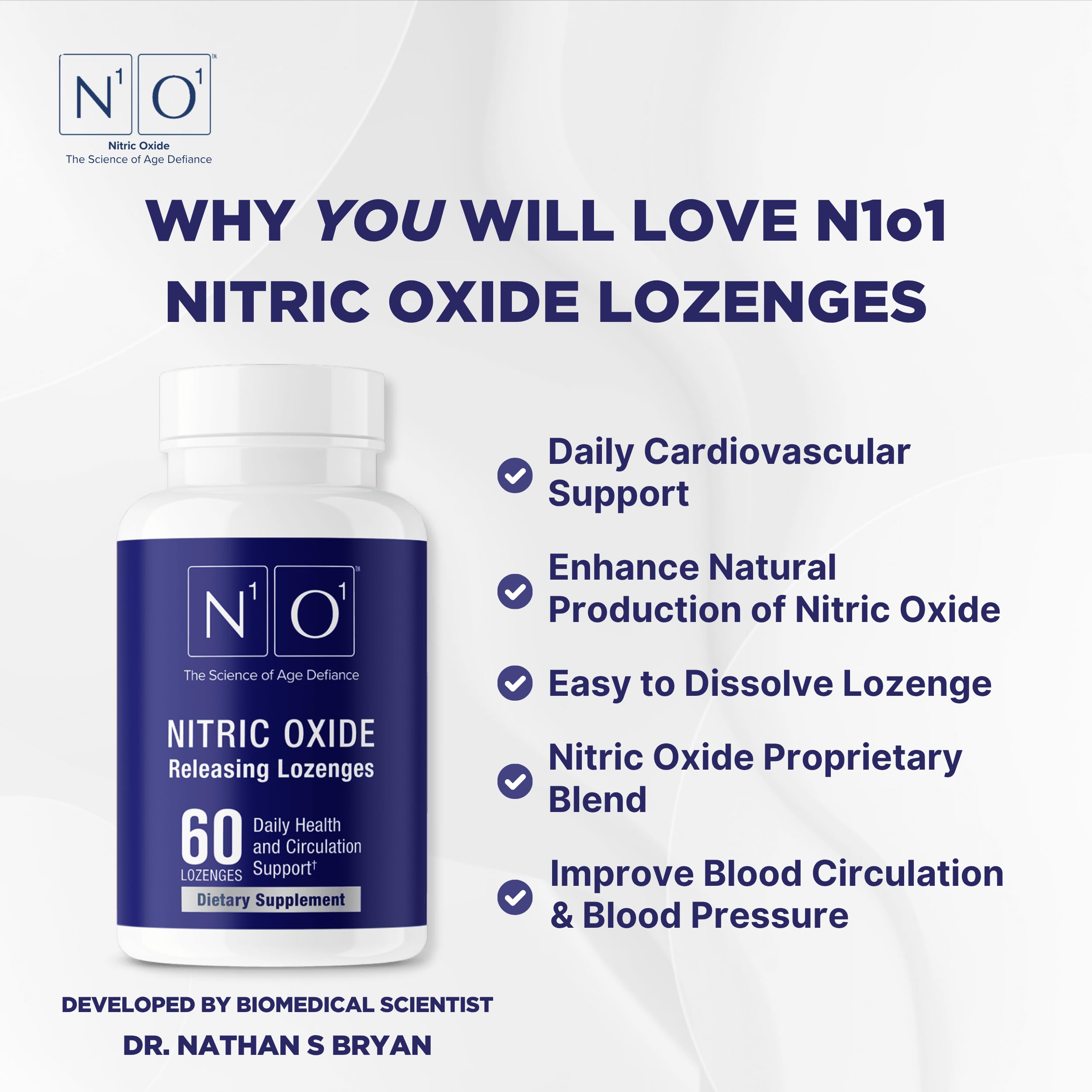 N1O1 Nitric Oxide Lozenges - 60 Count - Nitric Oxide Supplement for Heart Health, Circulation, Energy, Blood Flow, Oxygenation, Healthy Blood Pressure