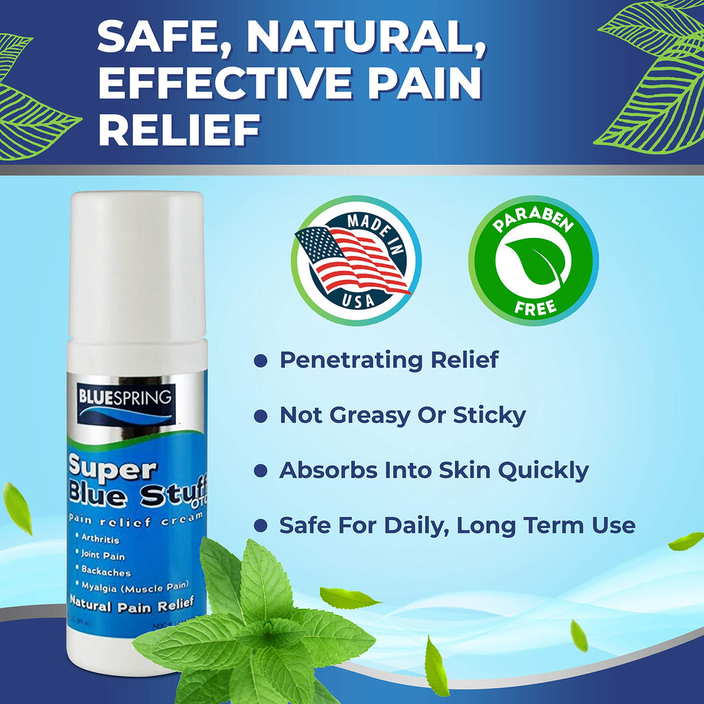 Super Blue Stuff Natural Pain Relief roll on with Emu Oil by BlueSpring- Pain relief rub Anti Inflammatory Analgesic Cream for Back, Knee, Joint, Muscle, Arthritis, and neck Pain Relief- 3 Oz roll-on. Emu Therapy Au supplements