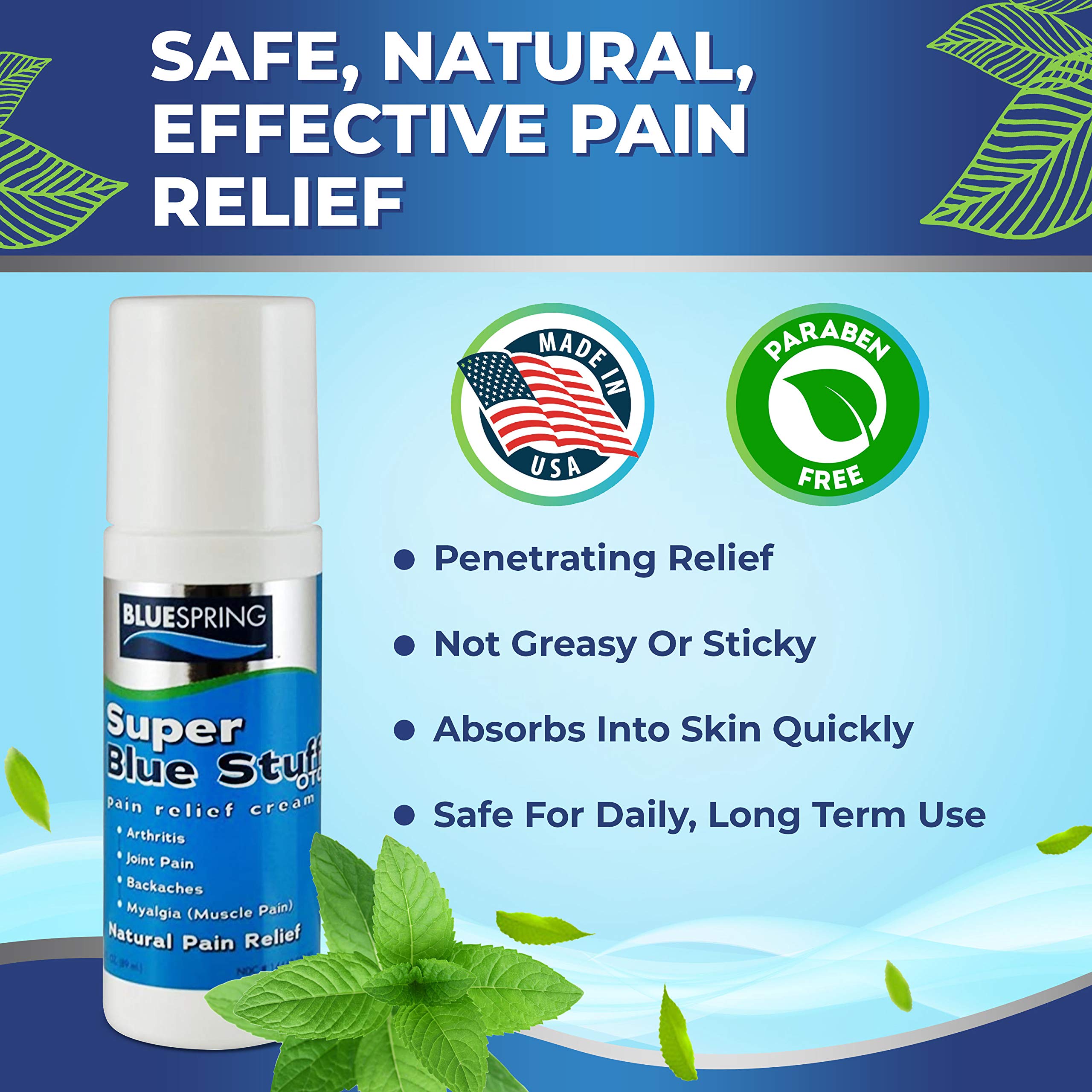 Super Blue Stuff Natural Pain Relief roll on with Emu Oil by BlueSpring- Pain relief rub Anti Inflammatory Analgesic Cream for Back, Knee, Joint, Muscle, Arthritis, and neck Pain Relief- 3 Oz roll-on. Emu Therapy Au supplements