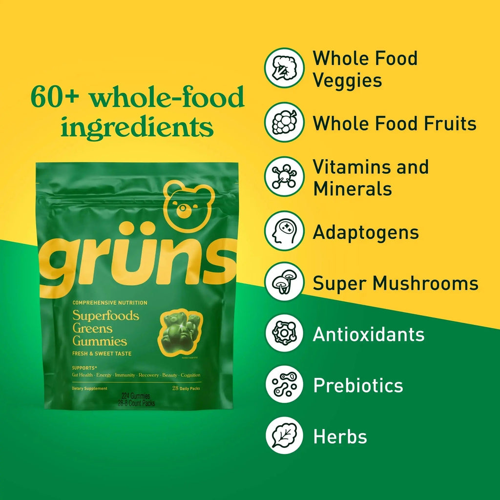 Gruns Adults Super Greens Multivitamin Gummies, Superfood Vitamin Gummy Bears with Spirulina, Chlorella, Prebiotic Fiber for Digestive Health Grüns Au supplements