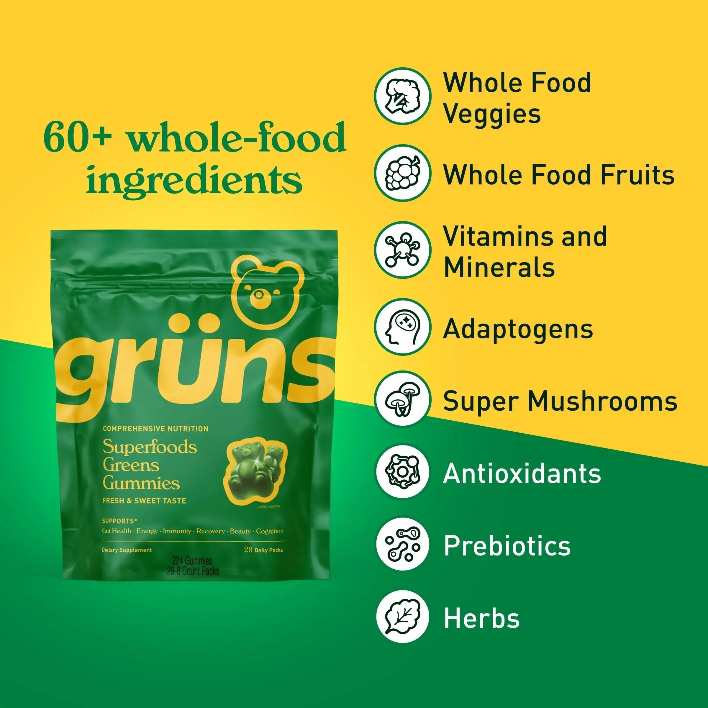 Gruns Adults Super Greens Multivitamin Gummies, Superfood Vitamin Gummy Bears with Spirulina, Chlorella, Prebiotic Fiber for Digestive Health Grüns Au supplements