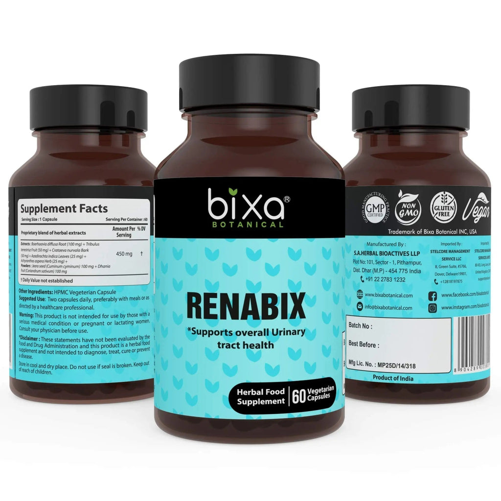 bixa BOTANICAL Ayurvedic Natural Herbal Supplement Renabix Capsules Pure (Punarnava Extract) | Supports Diuretic Response & Overall Urinary Tract Health | 60 Veg Capsules, 450mg, Pack of 1 bixa BOTANICAL Au supplements