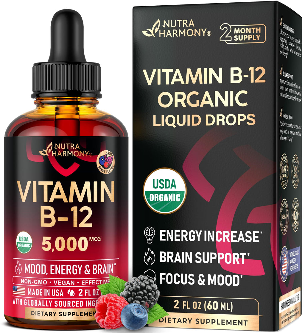 USDA Organic Vitamin B12 Sublingual Drops - 5000 mcg Liquid Vegan Methylcobalamin for Women & Men - Energy Boost, Focus & Mood, Brain Health Support