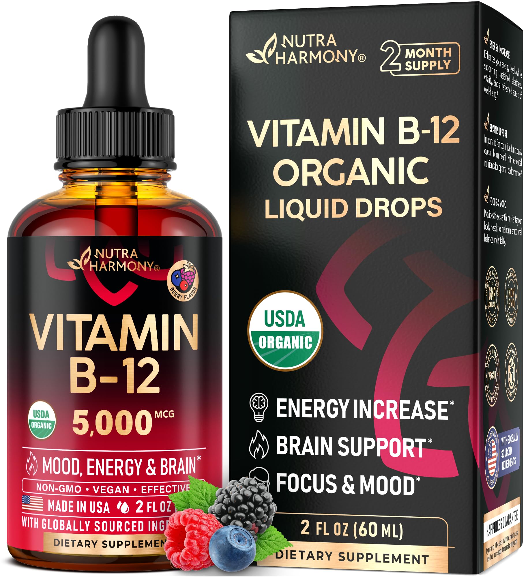 USDA Organic Vitamin B12 Sublingual Drops - 5000 mcg Liquid Vegan Methylcobalamin for Women & Men - Energy Boost, Focus & Mood, Brain Health Support