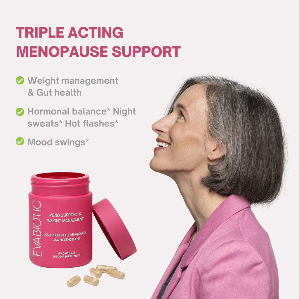Complete Menopause Vitamins - Ashwaghanda, Probiotics, ACV for Weight Management, Hot Flashes, Night Sweats, Bloat, Hormone Balance - Vegan 60 Caps Menopause Supplements for Women Non-GMO EVABIOTIC Au supplements