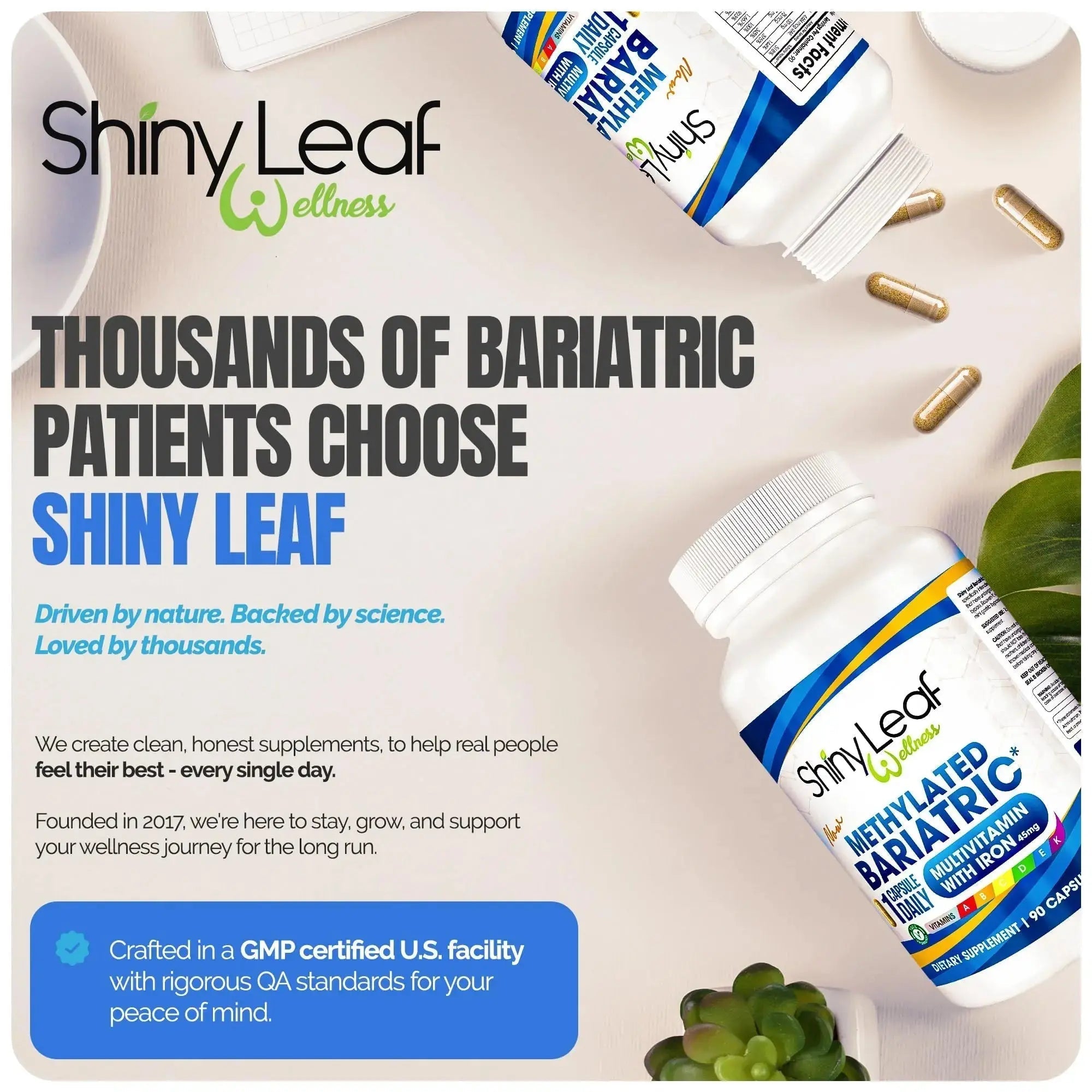 Shiny Leaf Methylated Bariatric Multivitamin with Iron 45mg – Once Daily Capsule, Made in USA, ASMBS Compliant Bariatric Vitamins Shiny Leaf Au supplements