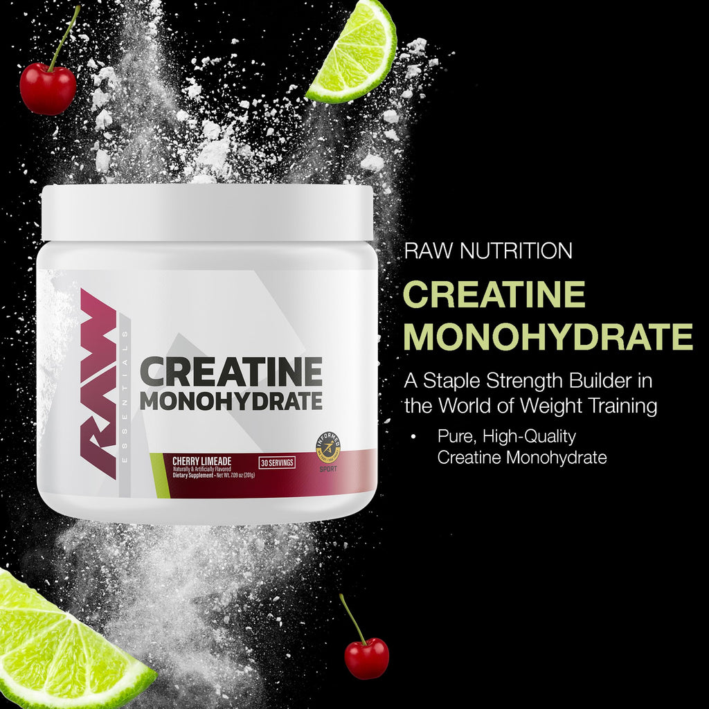 RAW Nutrition Creatine Monohydrate Powder, Cherry Limeade (30 Servings) - Micronized Creatine Monohydrate Supplement for Workout Performance, Build Muscle & Strength