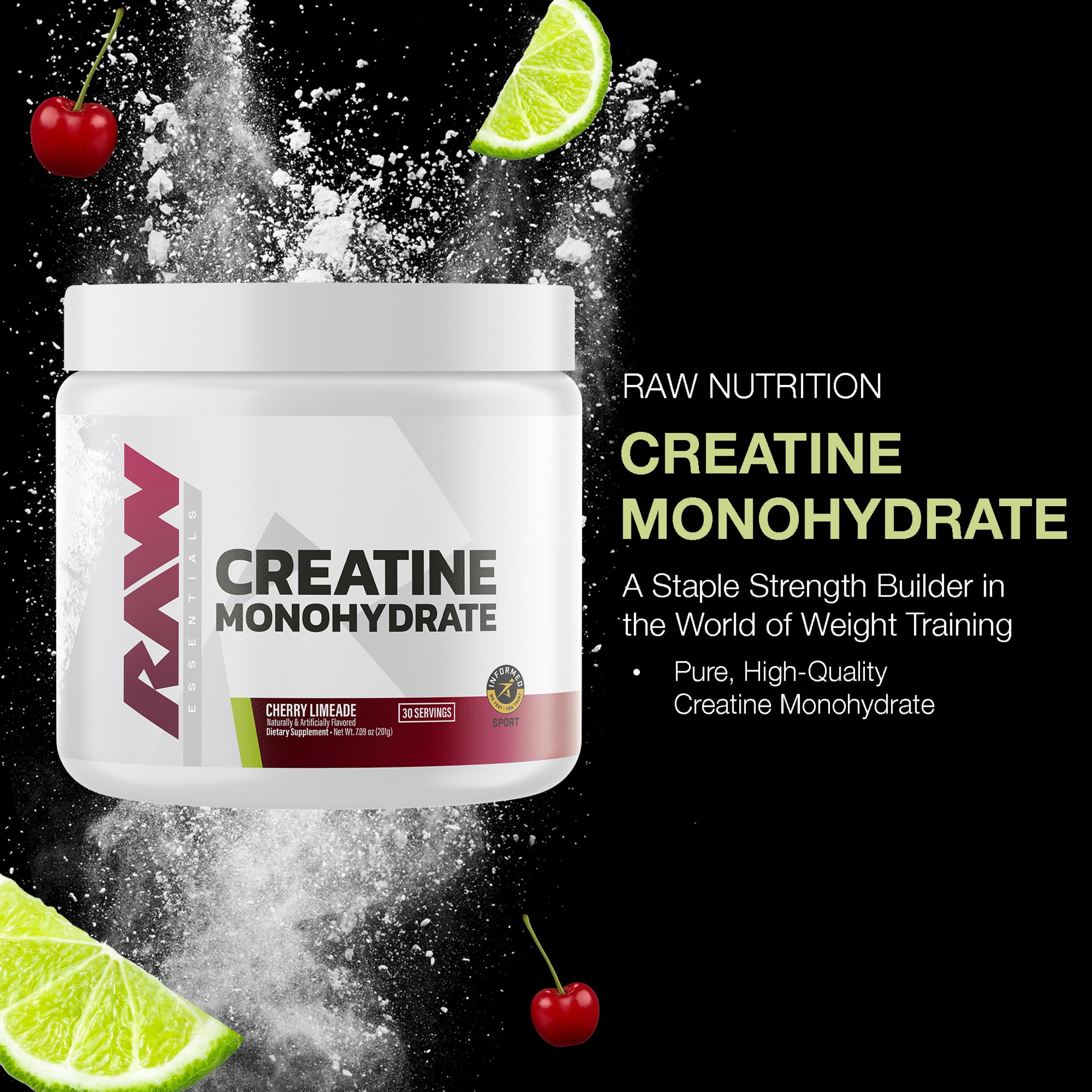 RAW Nutrition Creatine Monohydrate Powder, Cherry Limeade (30 Servings) - Micronized Creatine Monohydrate Supplement for Workout Performance, Build Muscle & Strength