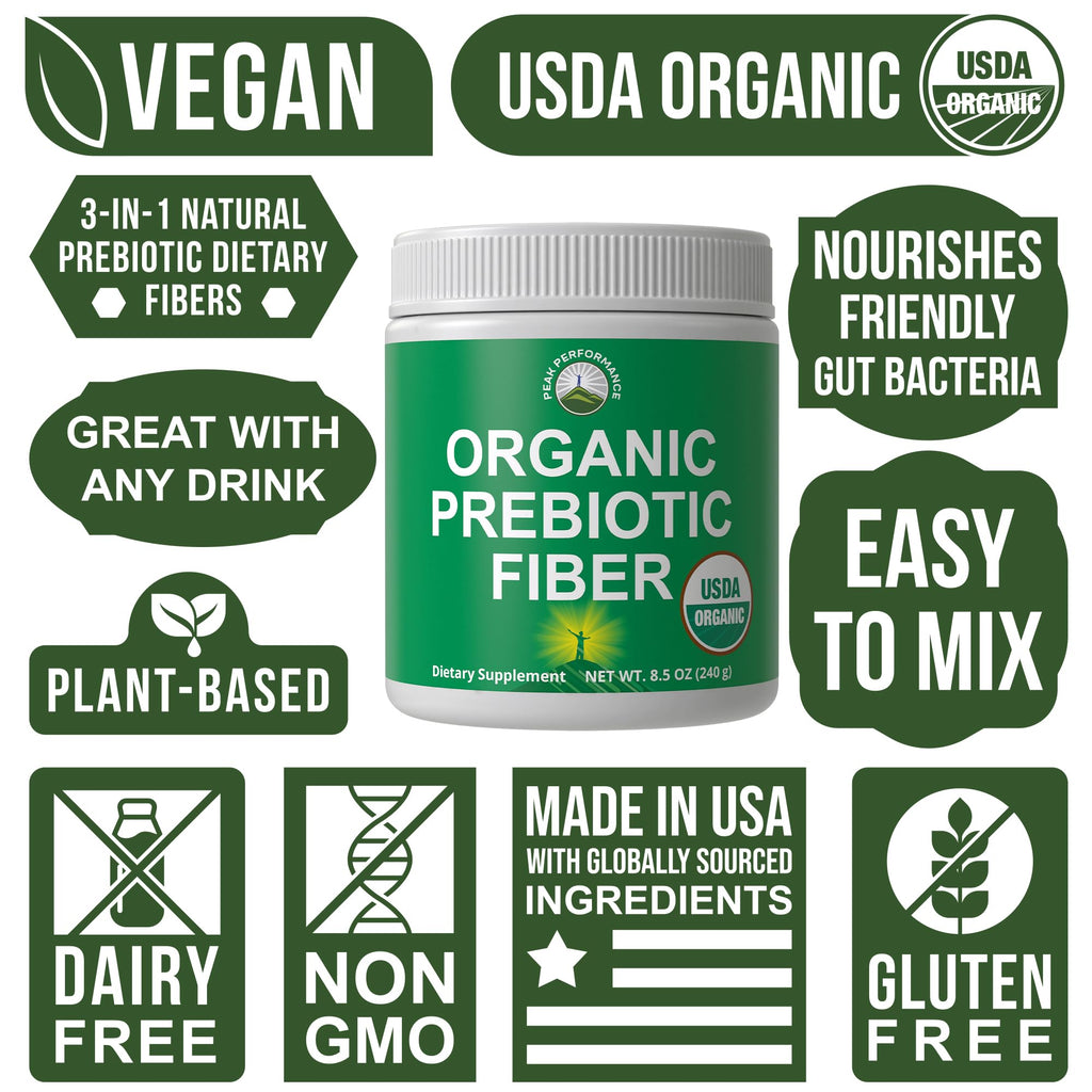 USDA Organic Prebiotic Fiber 3-in-1 Vegan Powder for Gut Health. Raw Whole Food Plant Based Prebiotics Digestive Supplement with Organic Inulin (Jerusalem Artichoke), Acacia Fibers, SunFiber Peak Performance Au supplements