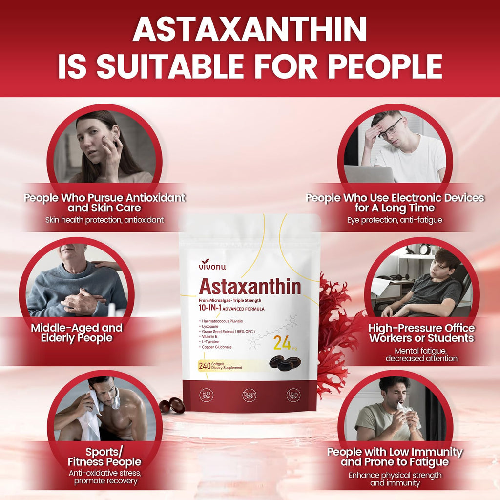 10 in 1 Astaxanthin Supplements 24mg, 4 Month Supply, Astaxantina Antioxidant from Fresh Haematococcus Pluvialis, Contains Lycopene, Grape Seed, Vitamin E