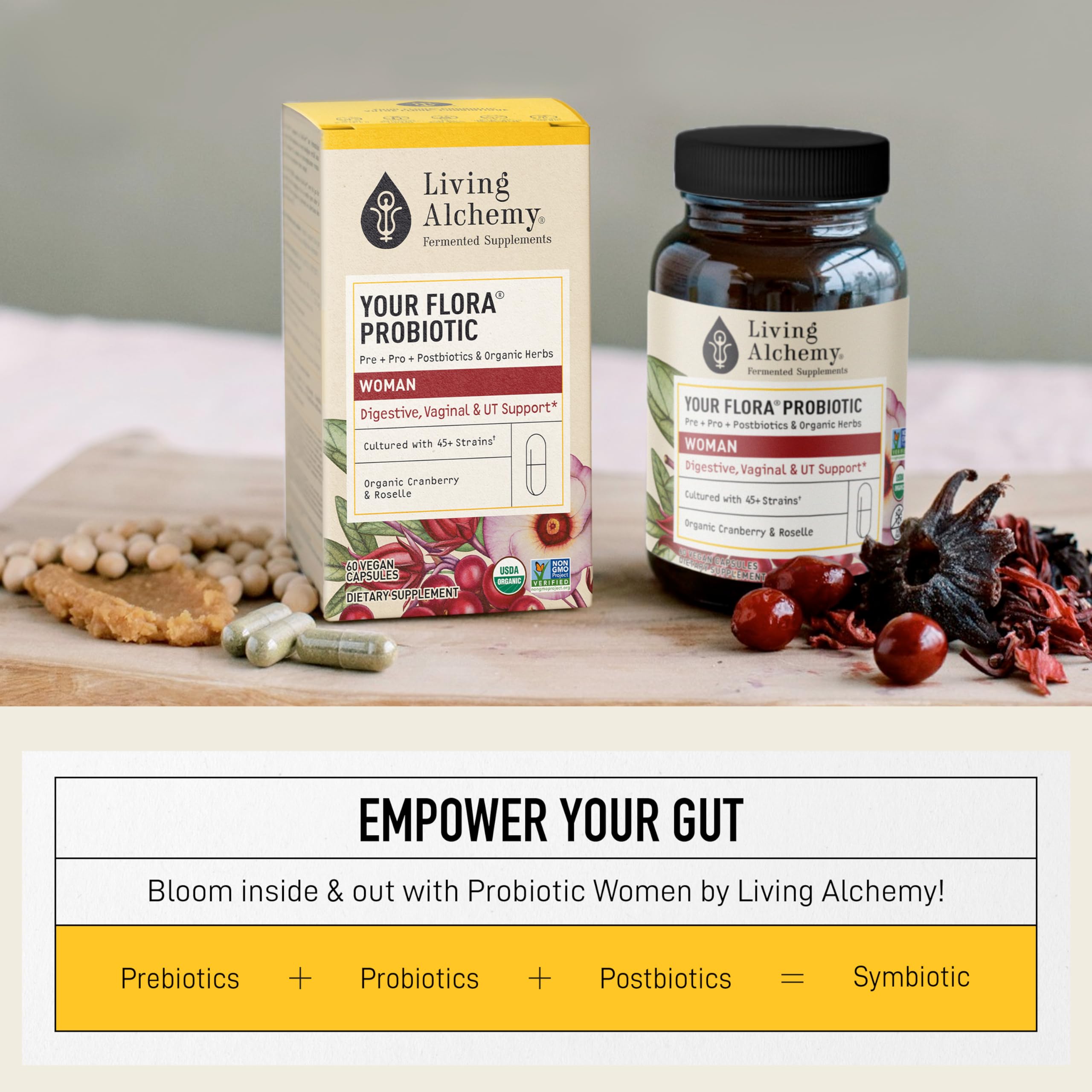 Living Alchemy Gut Health Supplements for Women - Your Flora Probiotics Women with Fermented Soybean, Cranberry Juice, Roselle, Prebiotics, Digestive Enzyme, & Probiotics - Vegan, Non-GMO, 60 Pcs