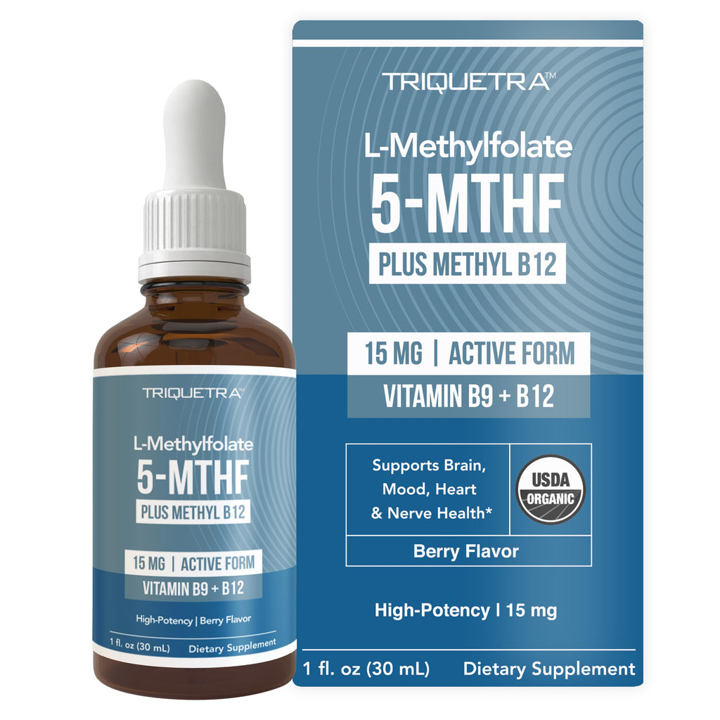 L Methyl Folate 15mg Plus Methyl B12 Cofactor – Organic Berry Flavor, High Potency Liquid Sublingual Active 5-MTHF Form - Supports Mood, Methylation