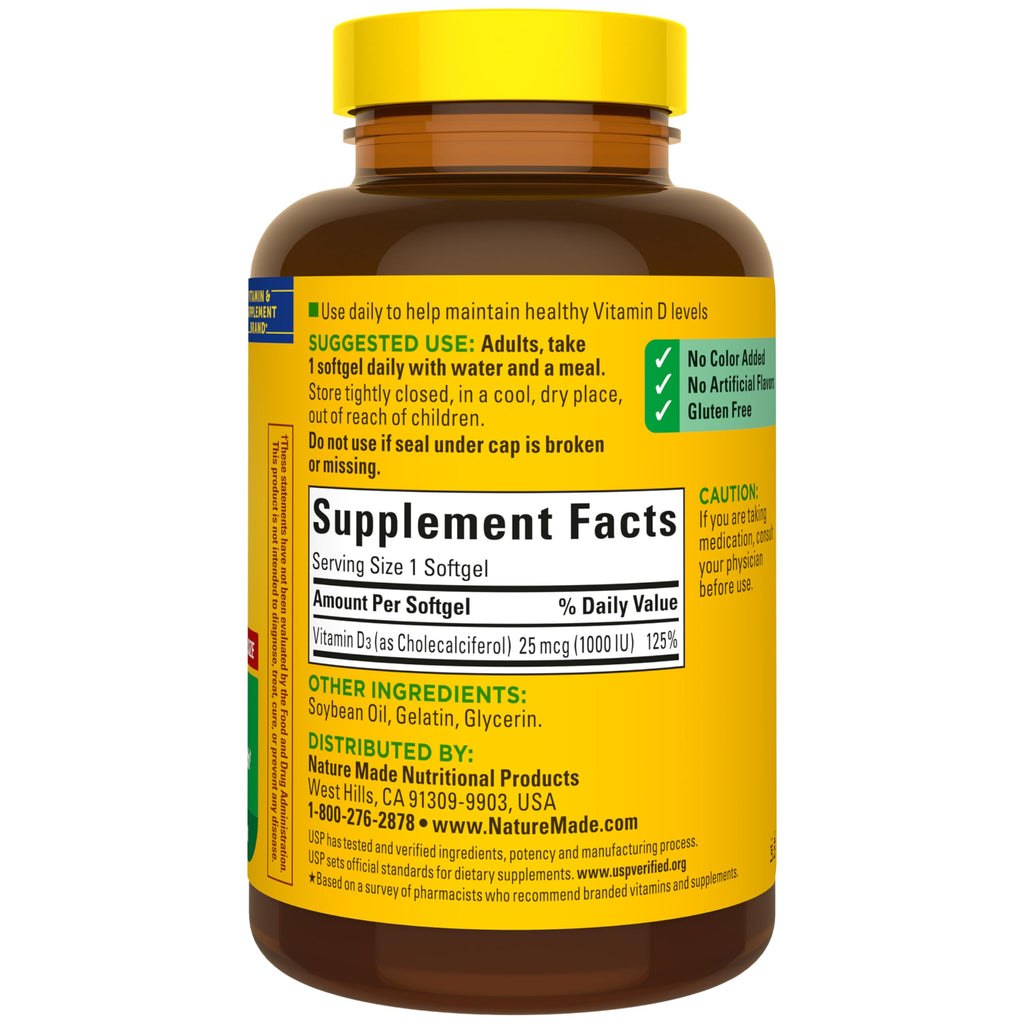 Nature Made Vitamin D3 1000 IU (25 mcg), Vitamin D Supplement for Bone, Teeth, Muscle and Immune Health Support, 300 Softgels, 300 Day Supply