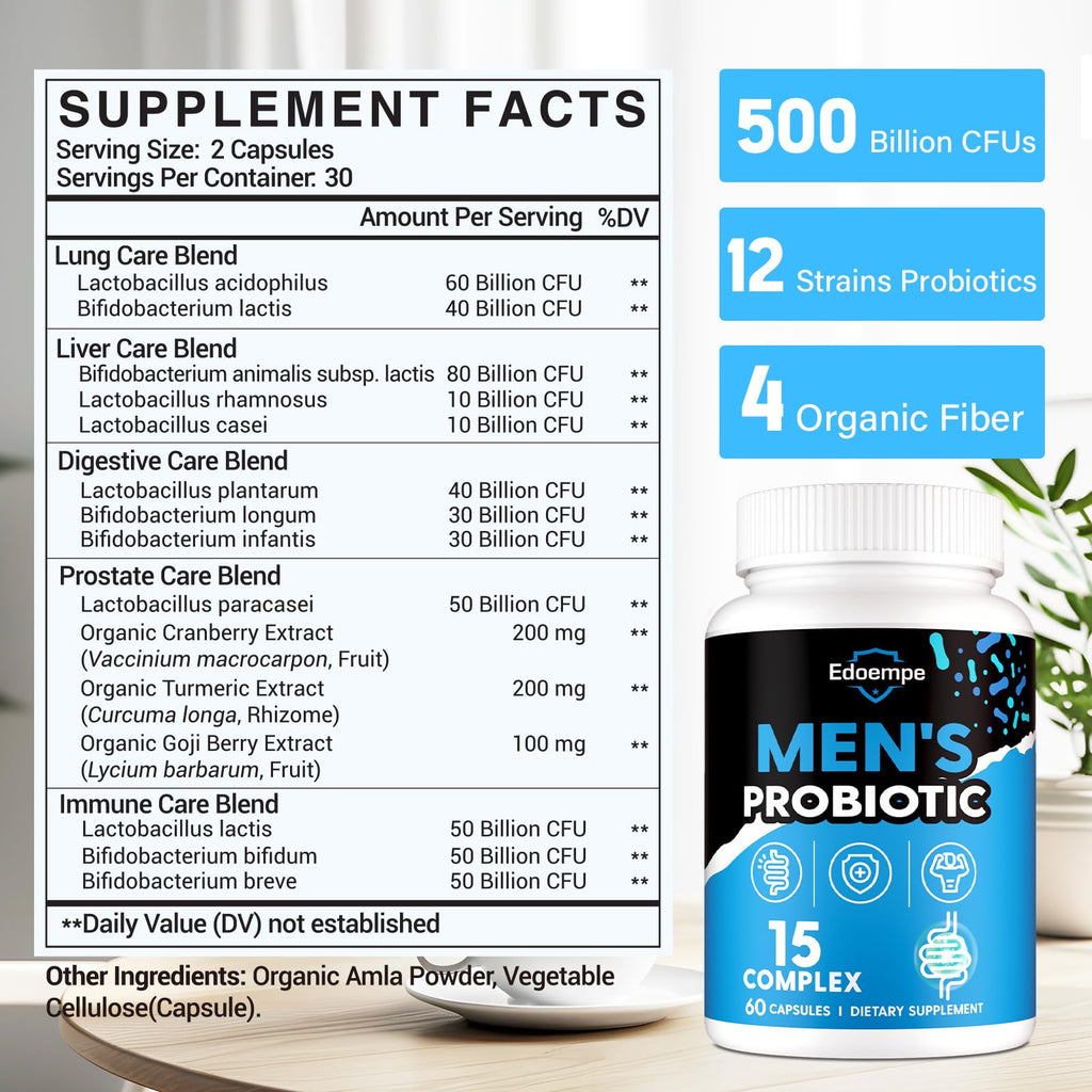 Probiotics for Men, 500 Billion CFUs 12 Strains, Mens Probiotics for Gut Health*, Digestive Health*, Energy, Prostate & Urinary Tract*, with Cranberry, Goji, Turmeric & Amla, Shelf Stable, 60 Caps Edoempe Au supplements