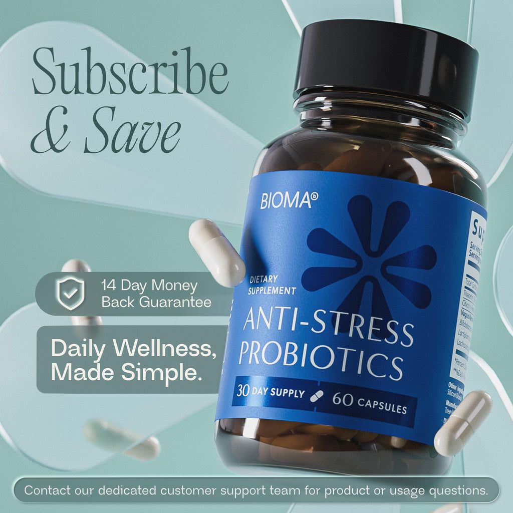 BIOMA Anti-Stress Probiotics – 3-in-1 Gut-Brain Axis Support for Stress Relief & Mood – Prebiotics, Postbiotics & Clinically Studied Strains – Vagus Nerve