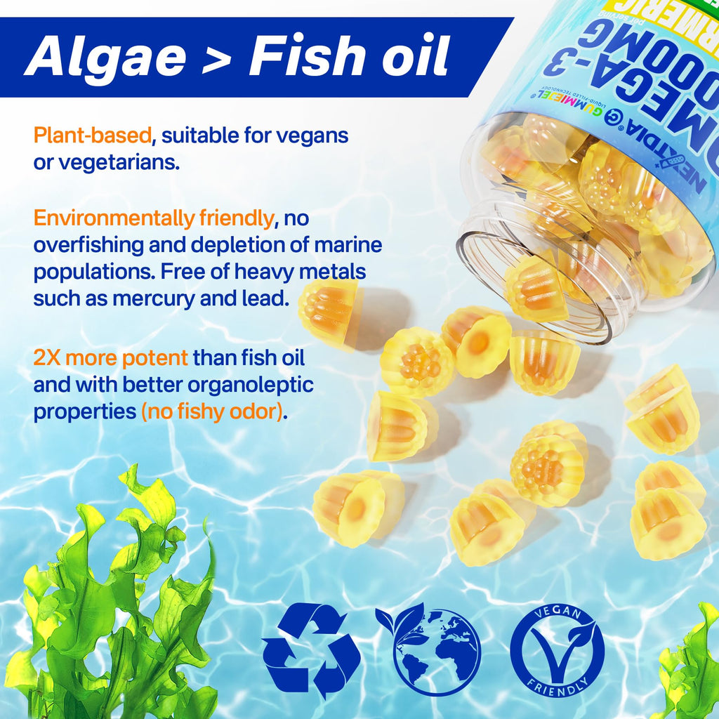 Vegan Omega-3 Gummies 1000mg + Turmeric - Omega 3 Fish Oil Alternative for Adults - Algae DHA 600mg & EPA 300mg