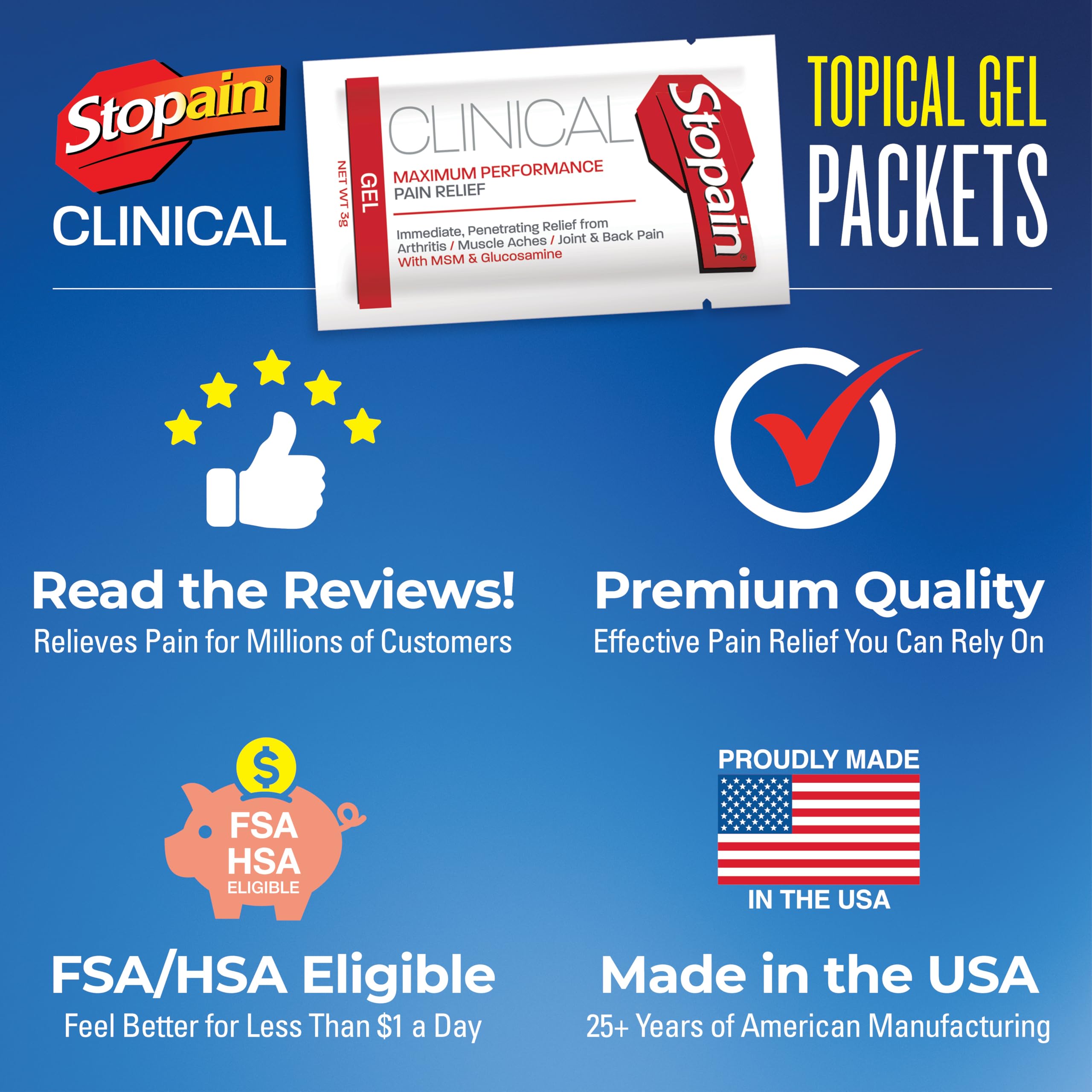 Stopain Pain Relief Clinical Gel Packets, 50 Pack, Made in USA, Maximum Performance Pain Relief with 10% Menthol Plus Glucosamine for Muscle Aches, Joint Pain, and Arthritis Stopain Au supplements