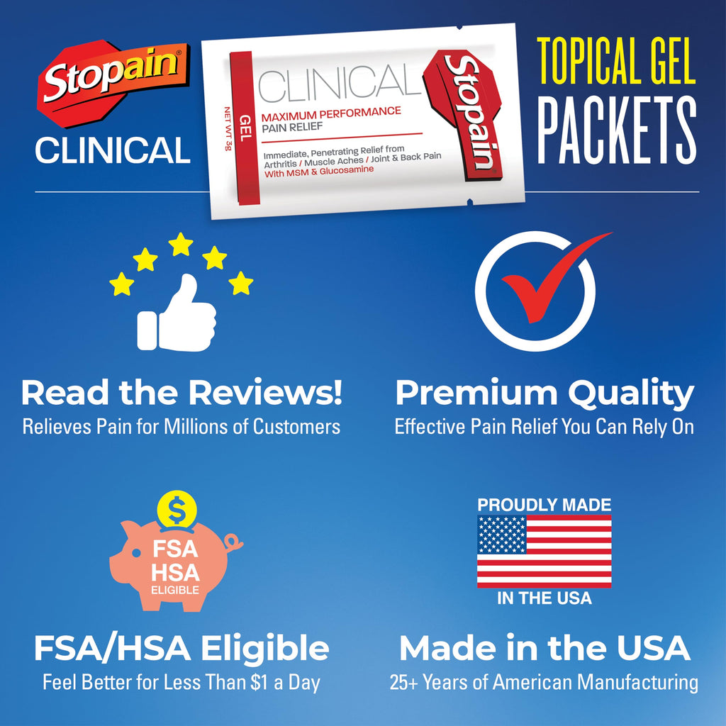 Stopain Pain Relief Clinical Gel Packets, Made in USA, Maximum Performance Pain Relief with 10% Menthol Plus Glucosamine for Muscle Aches, Joint Pain, and Arthritis (100 Pack) Stopain Au supplements