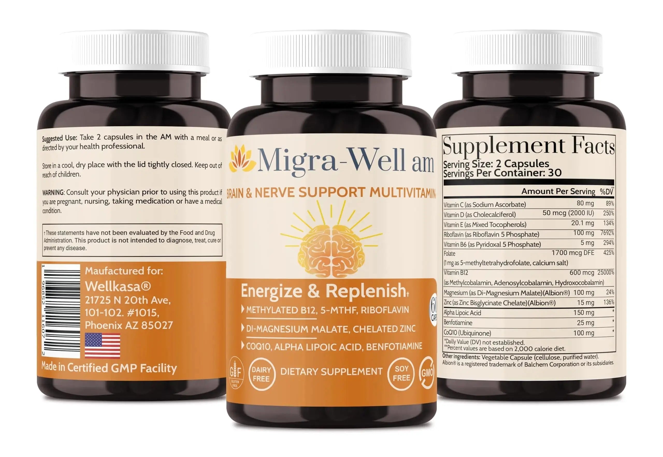 Wellkasa Migra-Well AM: Energizing Daily Methylated Multivitamin with Bioavailable Minerals & Antioxidants Supporting Brain Wellkasa Au supplements