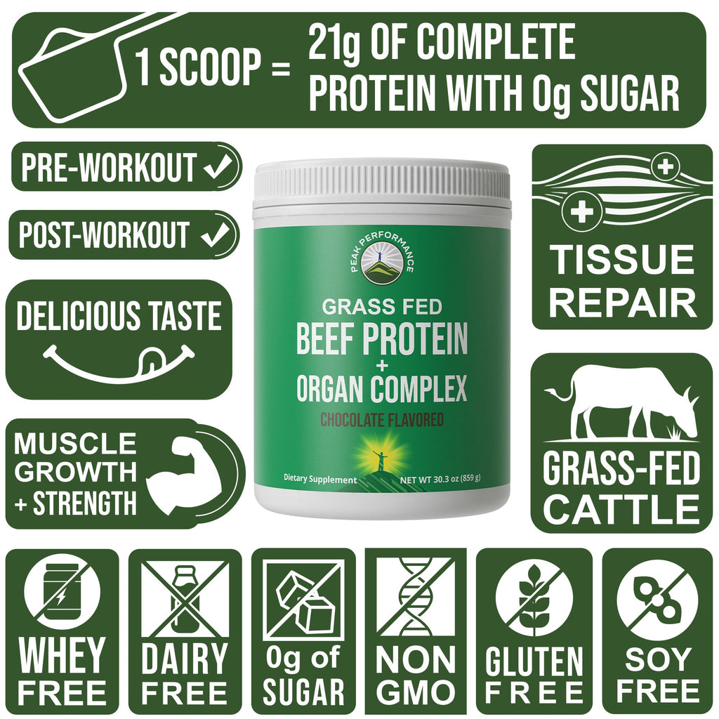 Grass Fed Beef Protein Powder + Organ Complex. Lactose Free Great Tasting Beef Protein Isolate. Animal Based Non Dairy No Whey Paleo Carnivore Supplement for Muscle Building. Chocolate Flavor Peak Performance Au supplements
