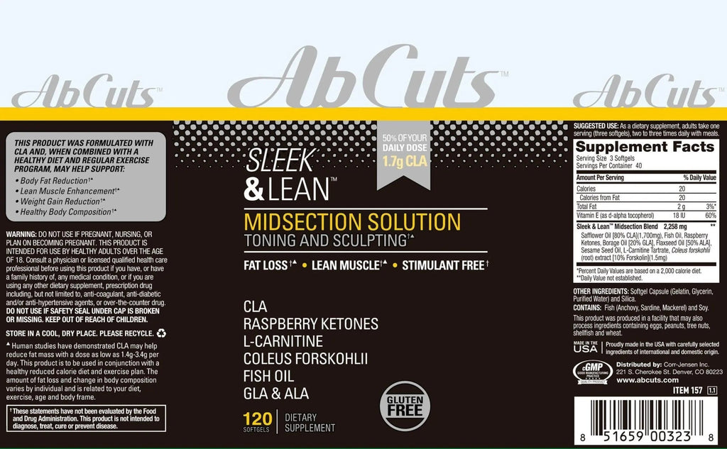 AbCuts Sleek and Lean - 120 Easy-to-Swallow Softgels - CLA Supplement, Fish Oil AbCuts Au supplements