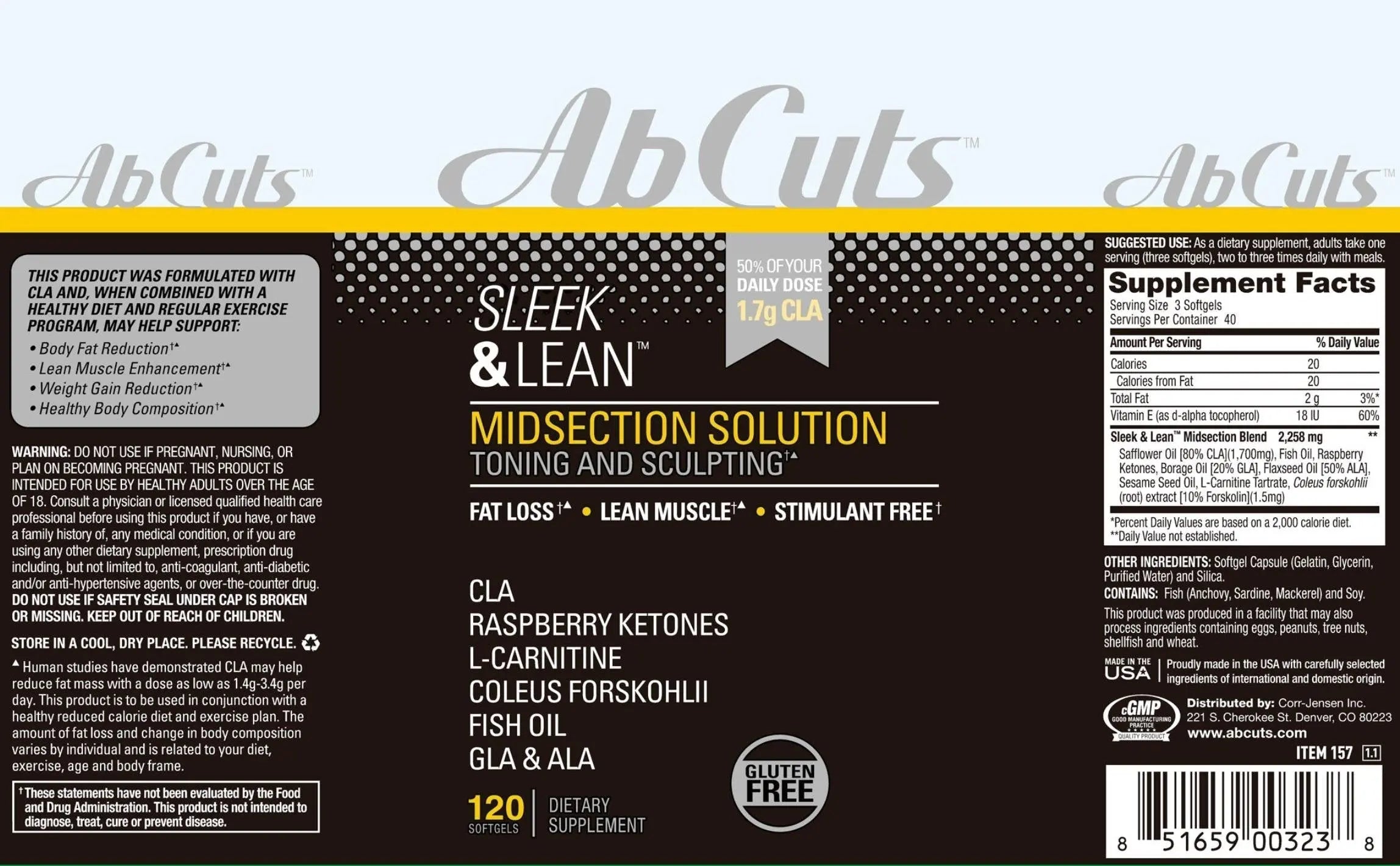 AbCuts Sleek and Lean - 120 Easy-to-Swallow Softgels - CLA Supplement, Fish Oil AbCuts Au supplements