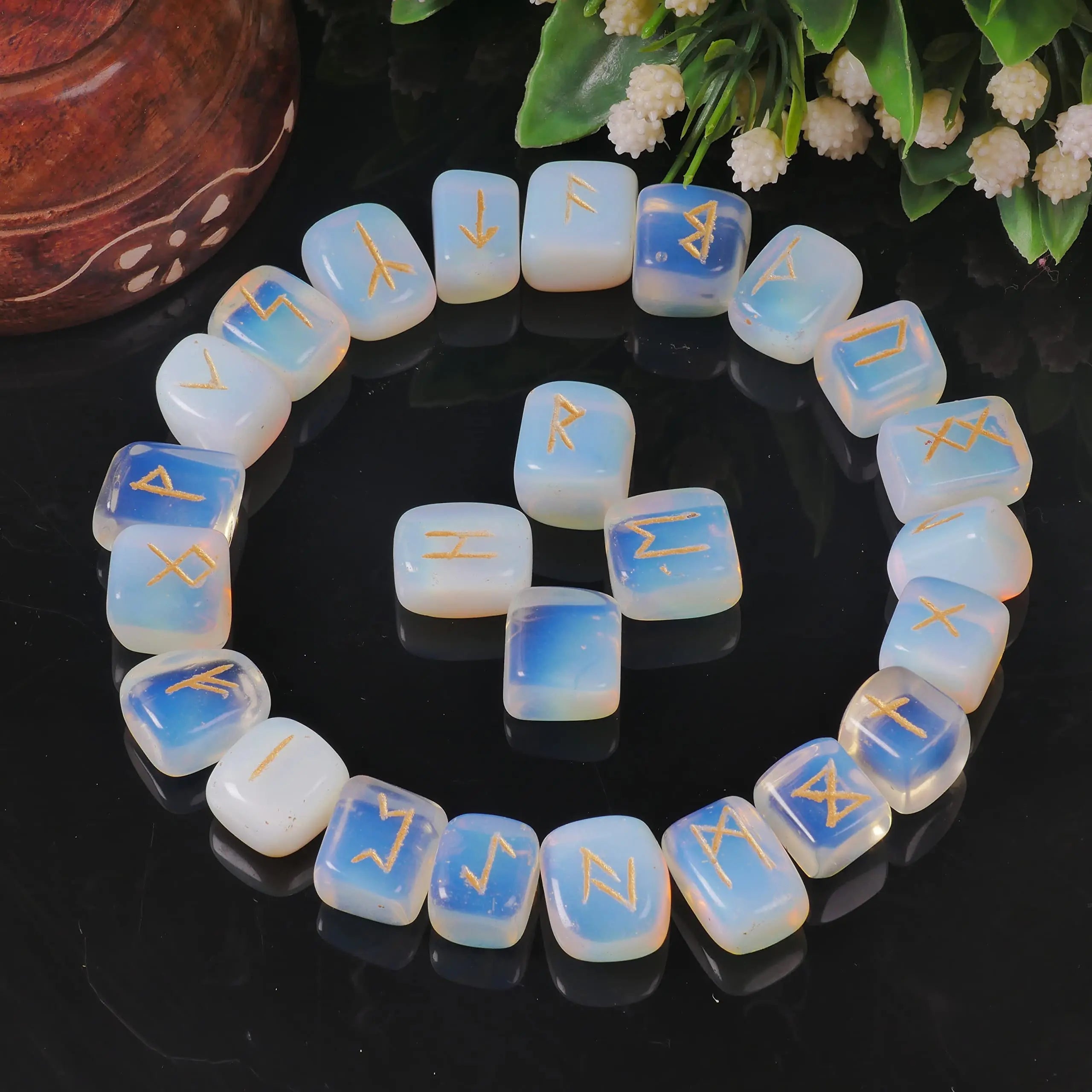 Opalite Rune Stone - Rune Set - Engraved Elder Futhark Alphabet Symbols - Witchcraft Crystals QUIPSA Au supplements