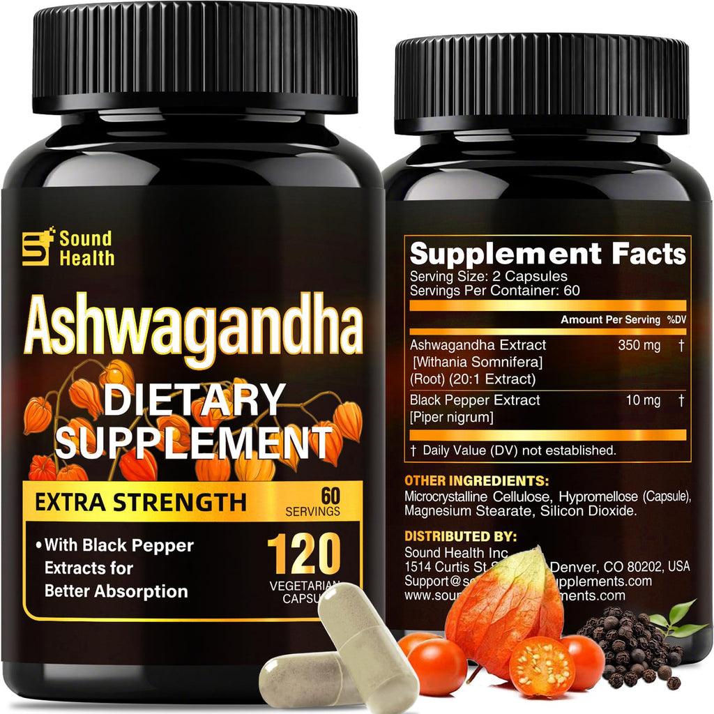 7000mg Ashwagandha Supplements Powder (20:1 Root Extract), 120 Organic Ashwagandha Capsules for Women & Men, Black Pepper & BioPerine for Absorption, Non GMO, Third-Party Tested, Gluten Free SoundHealth Au supplements
