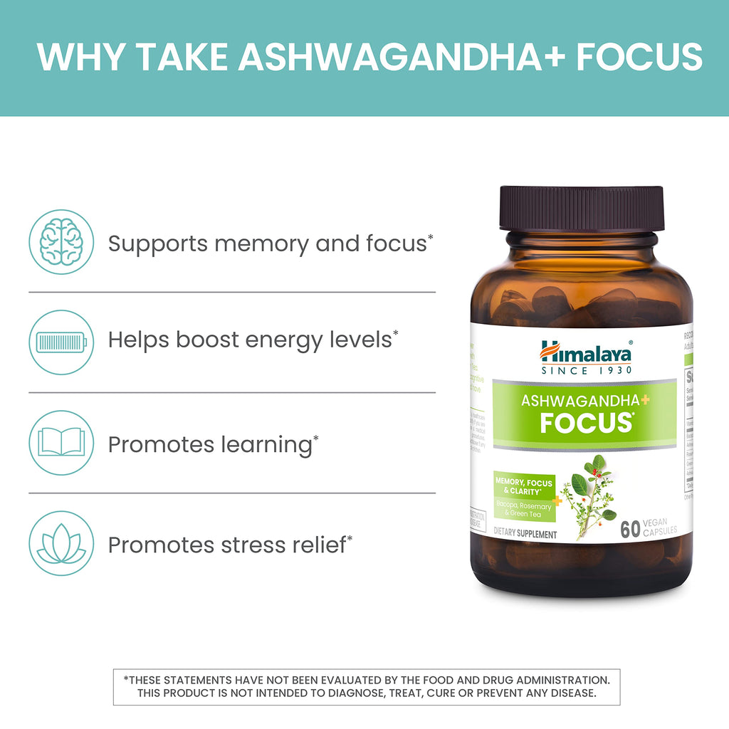 Himalaya Ashwagandha+ Focus - Herbal Focus Supplement with B12, Rosemary, Green Tea, and Bacopa Nootropics for Memory and Clarity - Vegan, Non-GMO, Gluten Free, 1690 mg, 60 Caplets Himalaya Au supplements