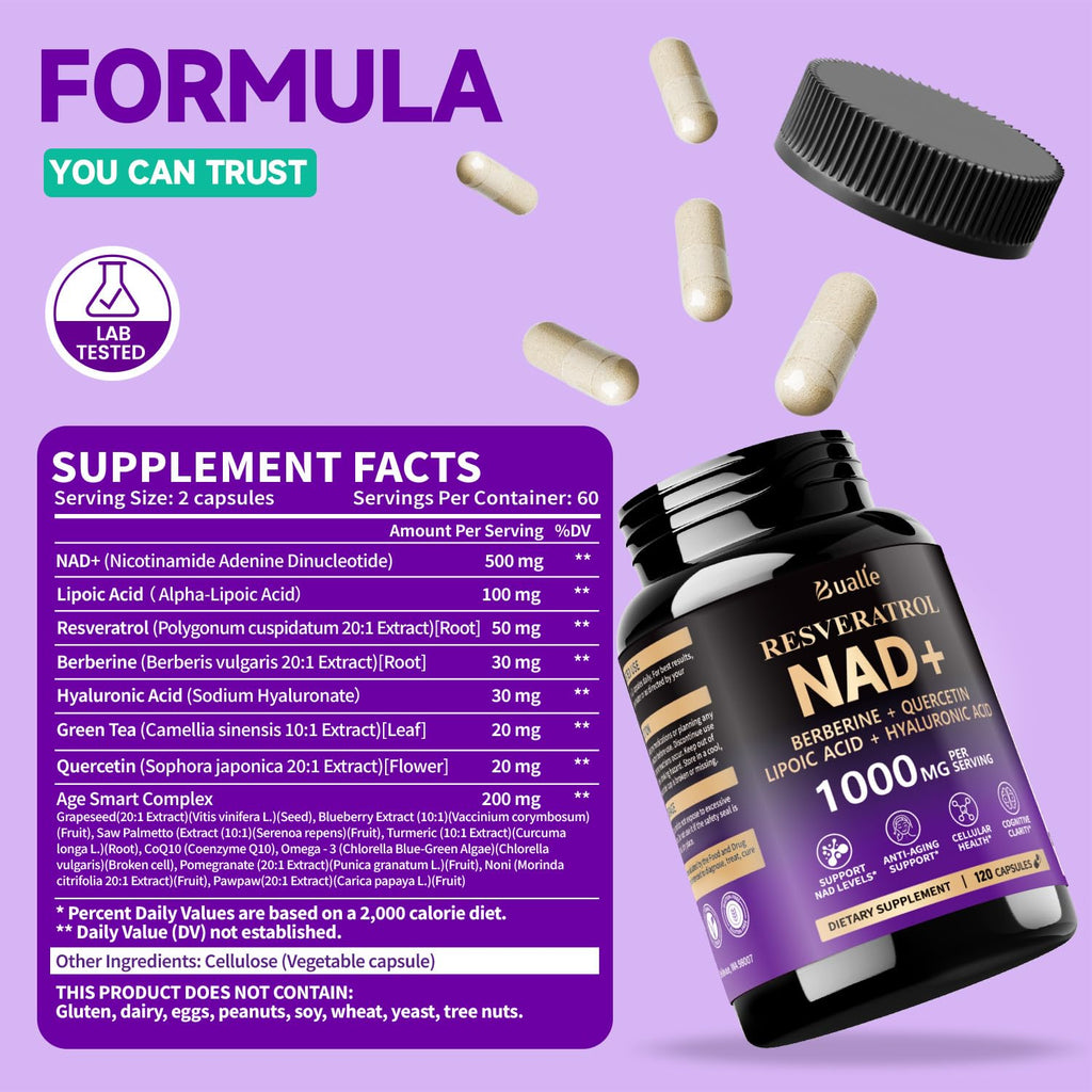 Bualle NAD Supplement, Liposomal NAD Resveratrol Supplement Contains Berberine, Alpha Lipoic Acid,Hyaluronic Acid & Quercetin - Joint Function& Support Anti-Aging,NMN Alternative -120 Capsules Bualle Au supplements