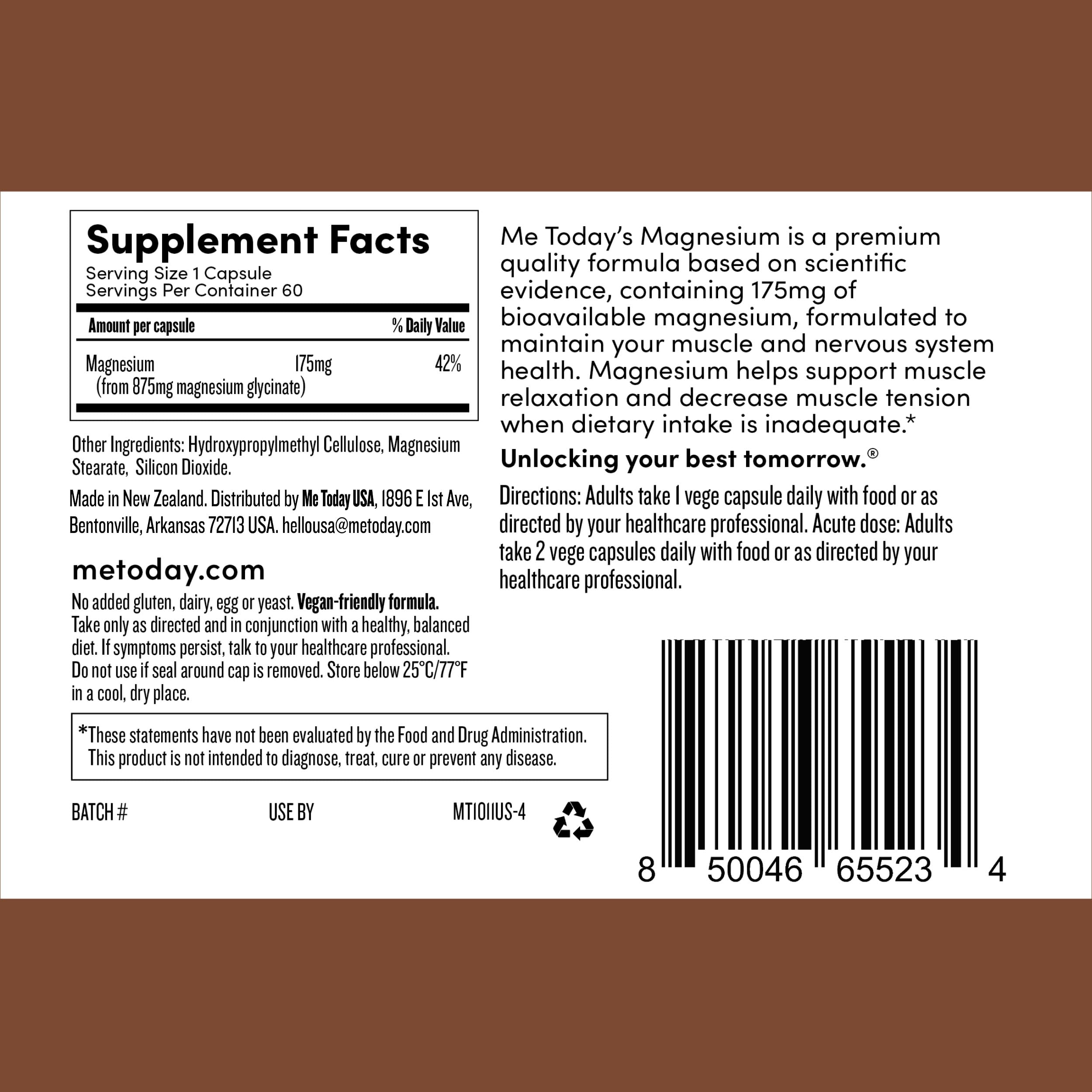 Me Today Magnesium Glycinate Supplement – 175mg High Absorption Magnesium Glycinate Capsule for Muscle Recovery, Nervous System Support,