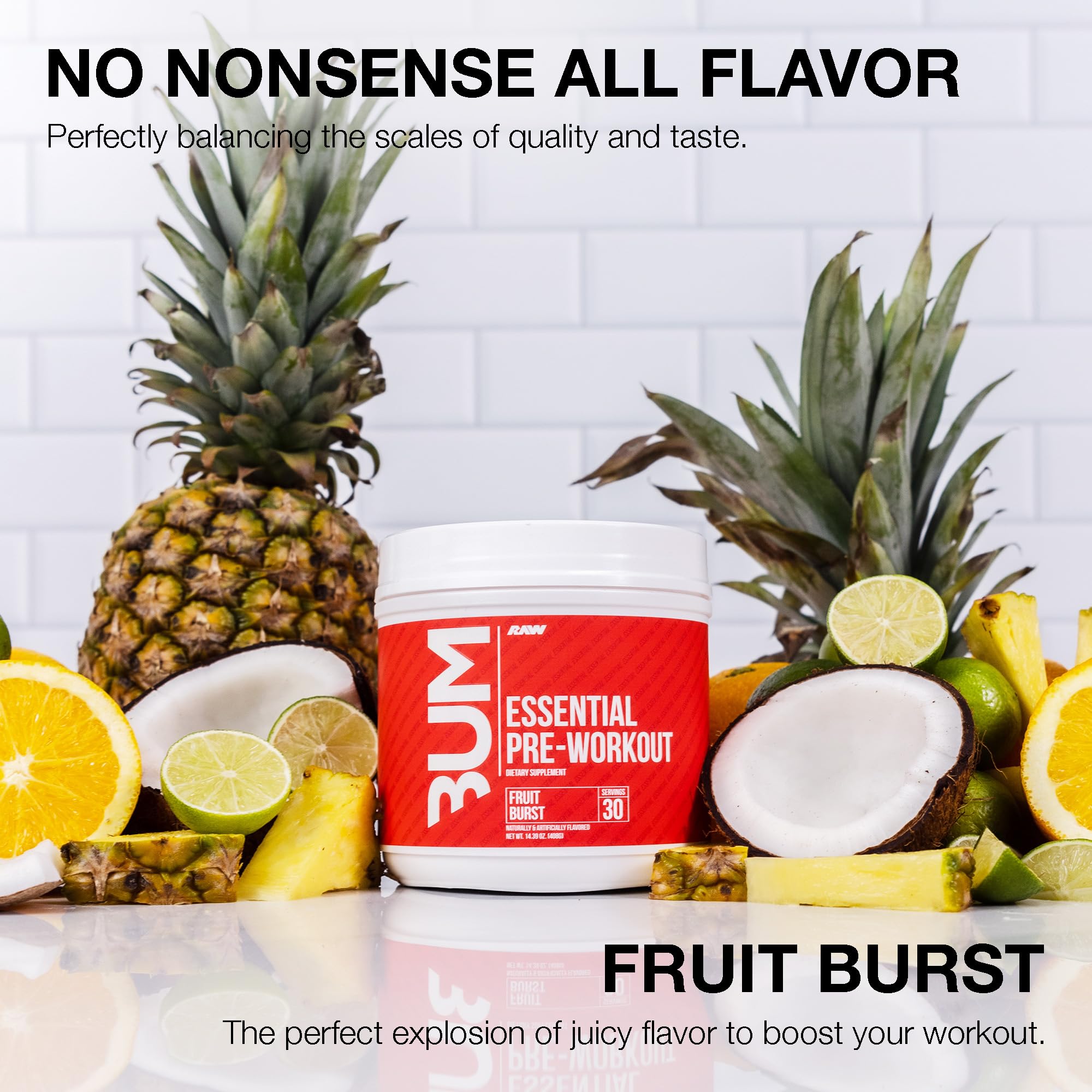 RAW Essential Pre-Workout Powder (Fruit Burst) - Chris Bumstead Sports Nutrition Supplement for Men & Women - Preworkout Energy Powder with Caffeine