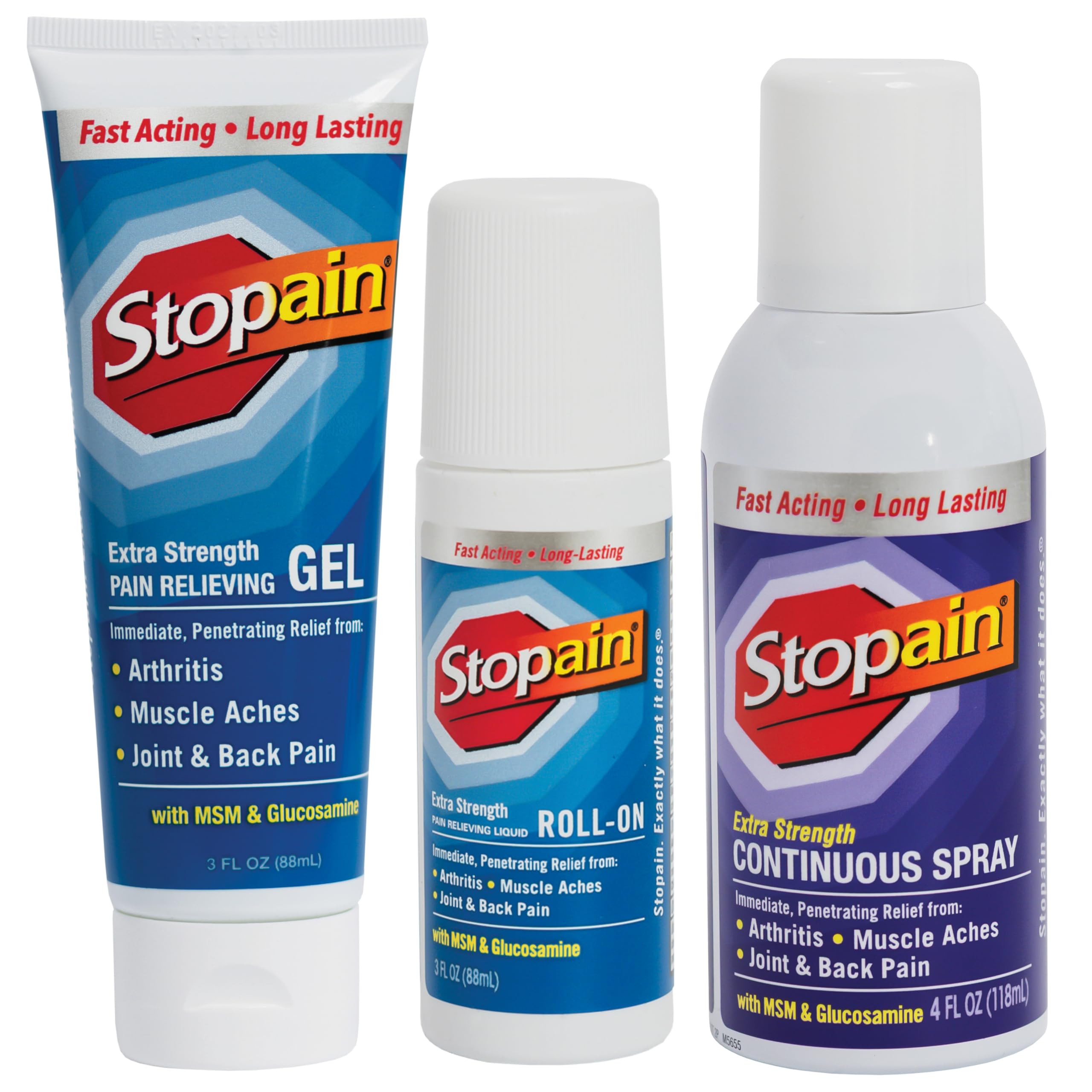 Stopain Pain Relief Combo Set (Gel, Roll On, Spray) USA Made, Max Strength Fast Acting with MSM, Glucosamine, Menthol for Lower Back, Knee, Neck HSA FSA Topical Analgesic Products Stopain Au supplements